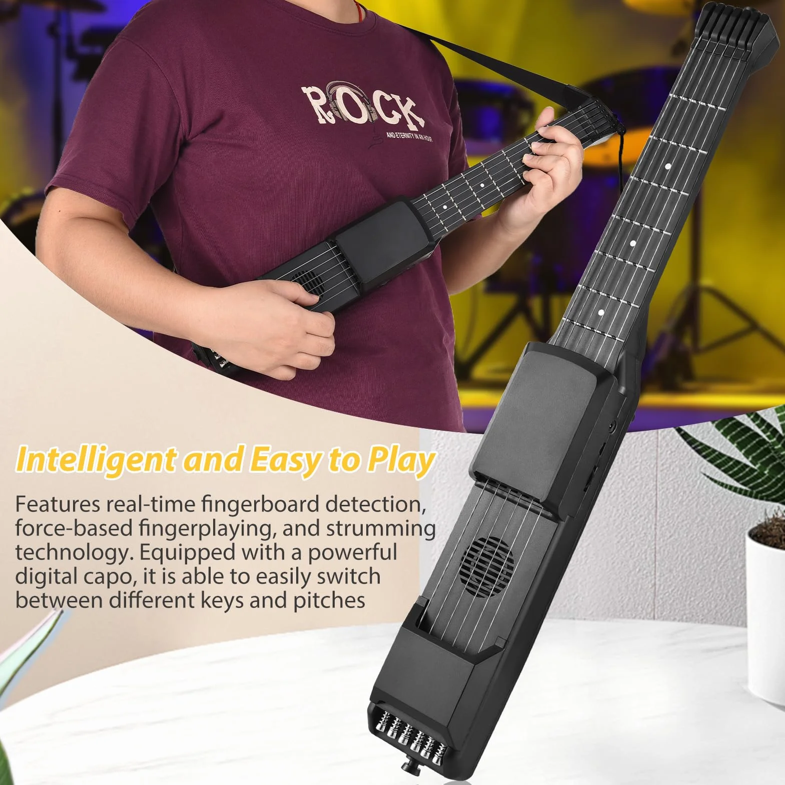 Guitarra eléctrica inteligente 7 trastes guitarra de viaje portátil con sintonizador digital METRONOME MIDI Función Capo digital para principiantes Viajes negros 20.8 pulgadas