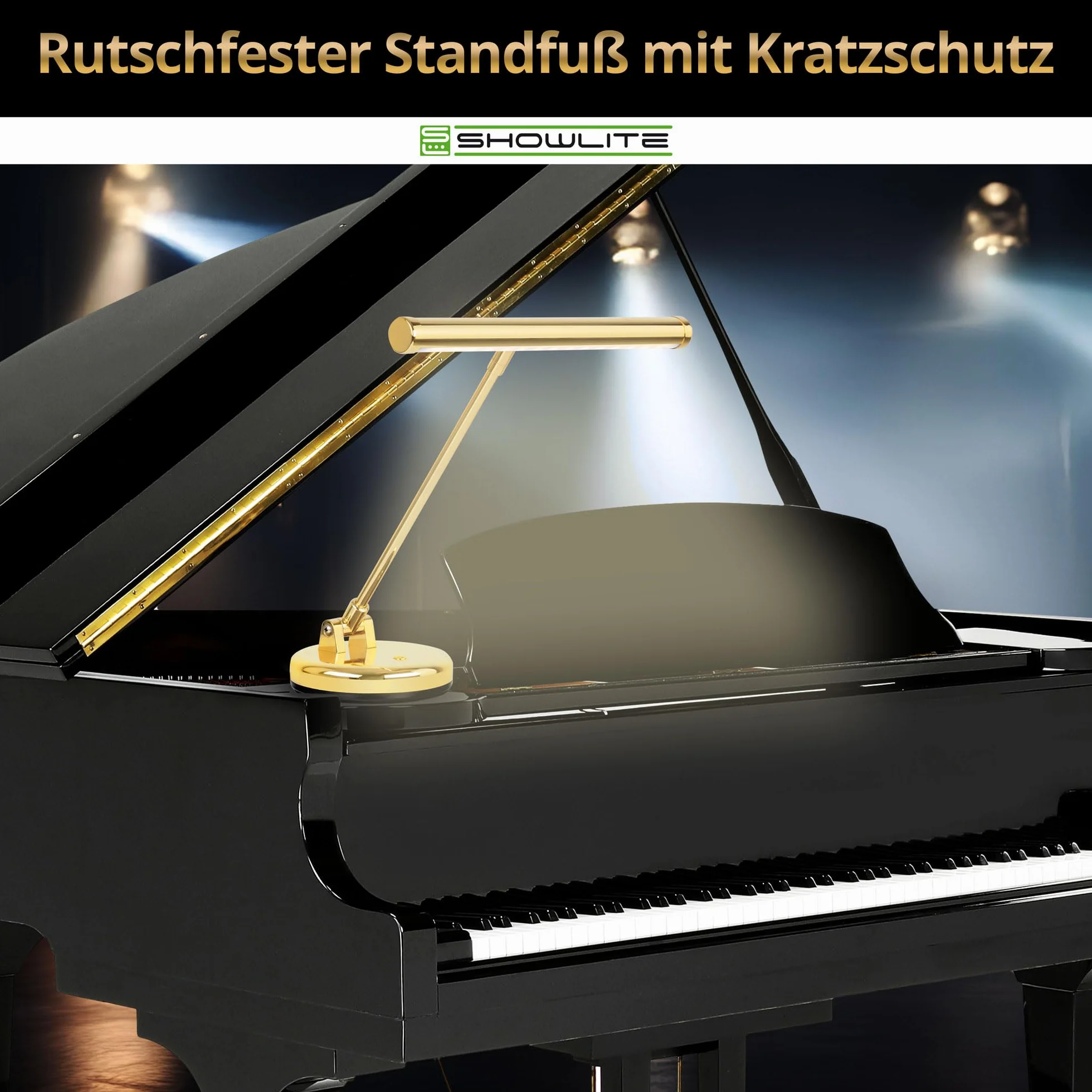 Showlite Lámpara de Piano LED PL-1-GD-WW - Lámpara para piano con 15 LEDs - luz blanco cálido en 2 niveles - 36 cm de altura - funcionamiento por USB, corriente o batería - oro brillante