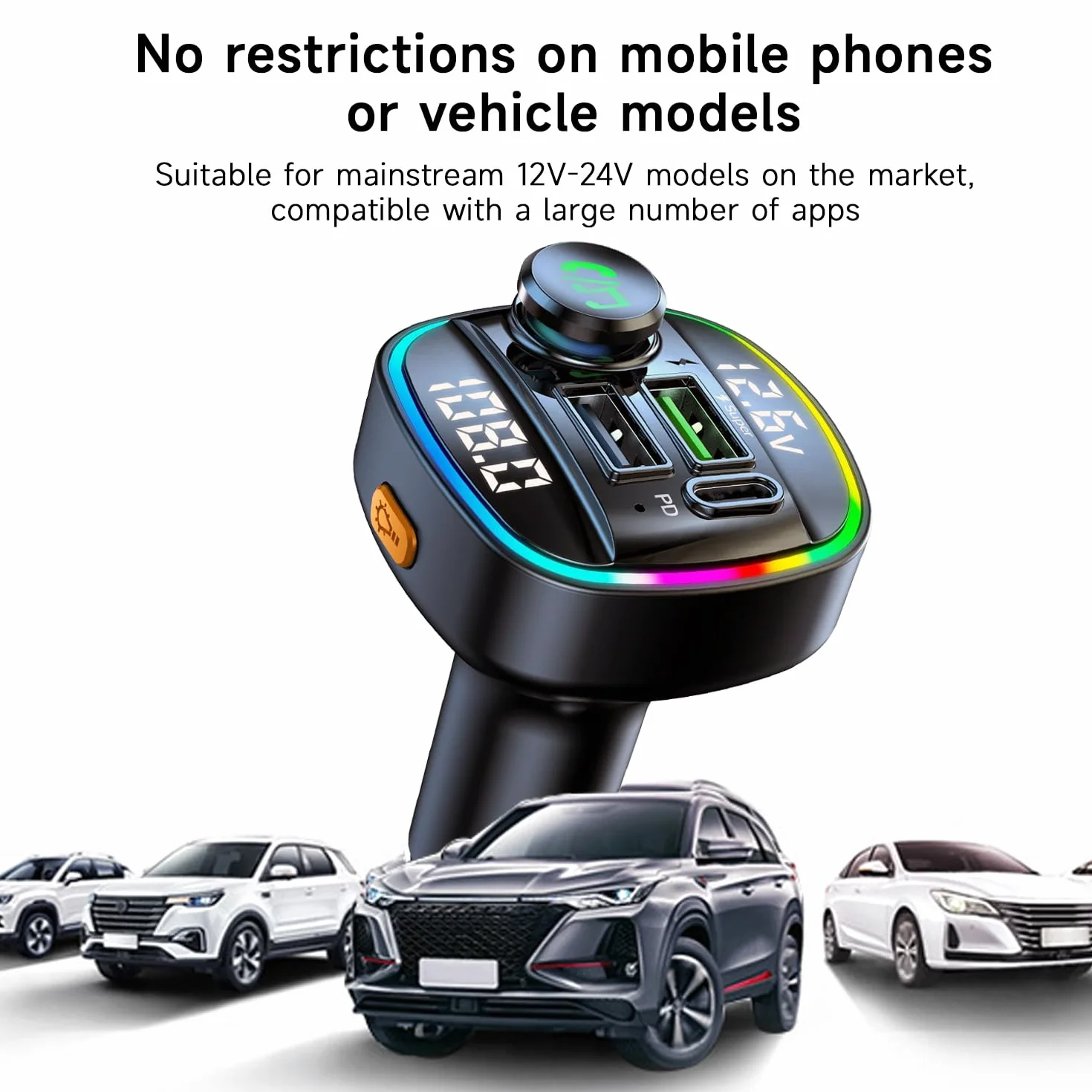 QUMOX Transmisor FM Bluetooth 5.0 para Coche, Adaptador C22 con Carga Rápida PD 20W, Pantalla de Voltaje, Gran Perilla de Control, Reproducción USB/TF, Asistente de Voz, Llamadas Manos Libres