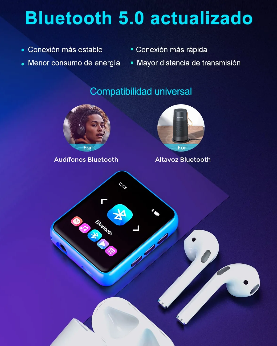 Reproductor MP3 Bluetooth 5.0 32GB con Pantalla Táctil, HiFi, Radio FM, Grabación de Voz