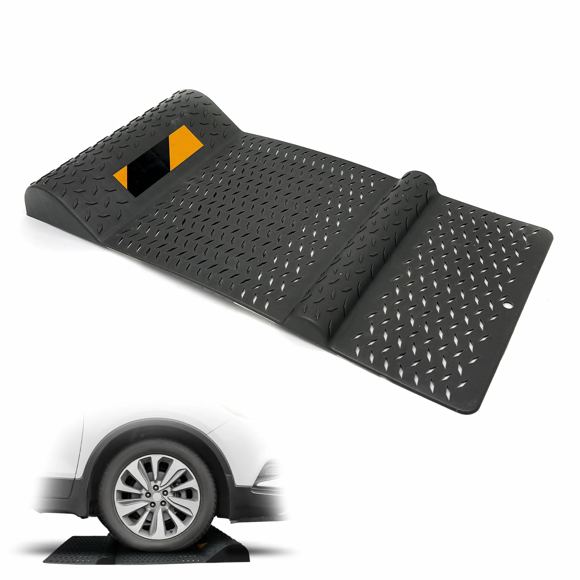Fishtec Tope de Rueda Parking Interior Exterior - Ayuda Aparcamiento Coche - Banda Reflectante Alta Visibilidad - Garaje Plaza Aparcamiento Protección Pared - Negro 52 x 25,5 x 27 cm