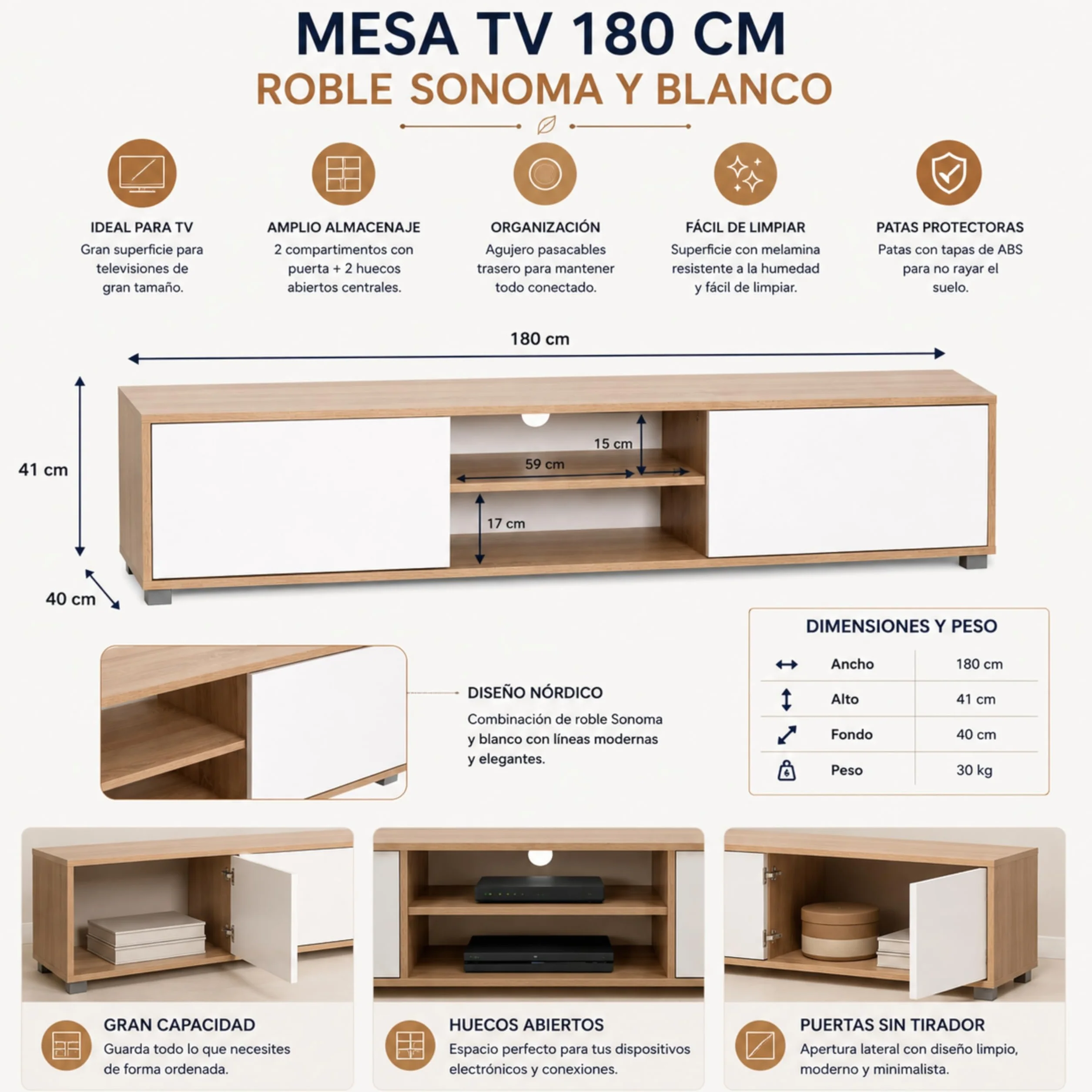 Mueble TV Salon Mesa para TV Color Roble y Blanco 180 x 40 x 41 cm. Atenea