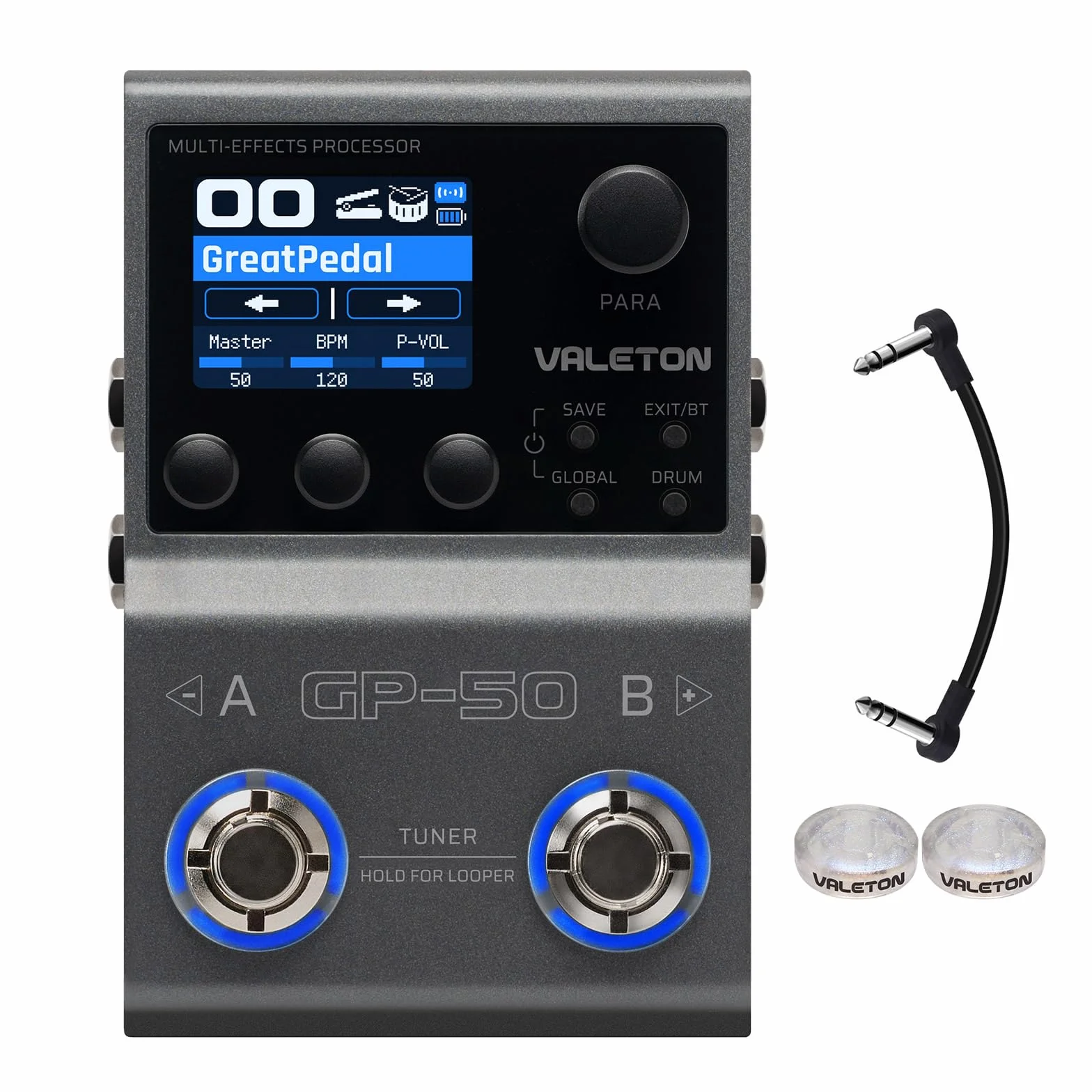 VALETON Procesador de Múltiples Efectos y Cargador NAM/IR con 100+ Efectos HD, 9 Módulos Simultáneos, Control por App BT, 100 Slots para Patches para Guitarra y Bajo GP-50