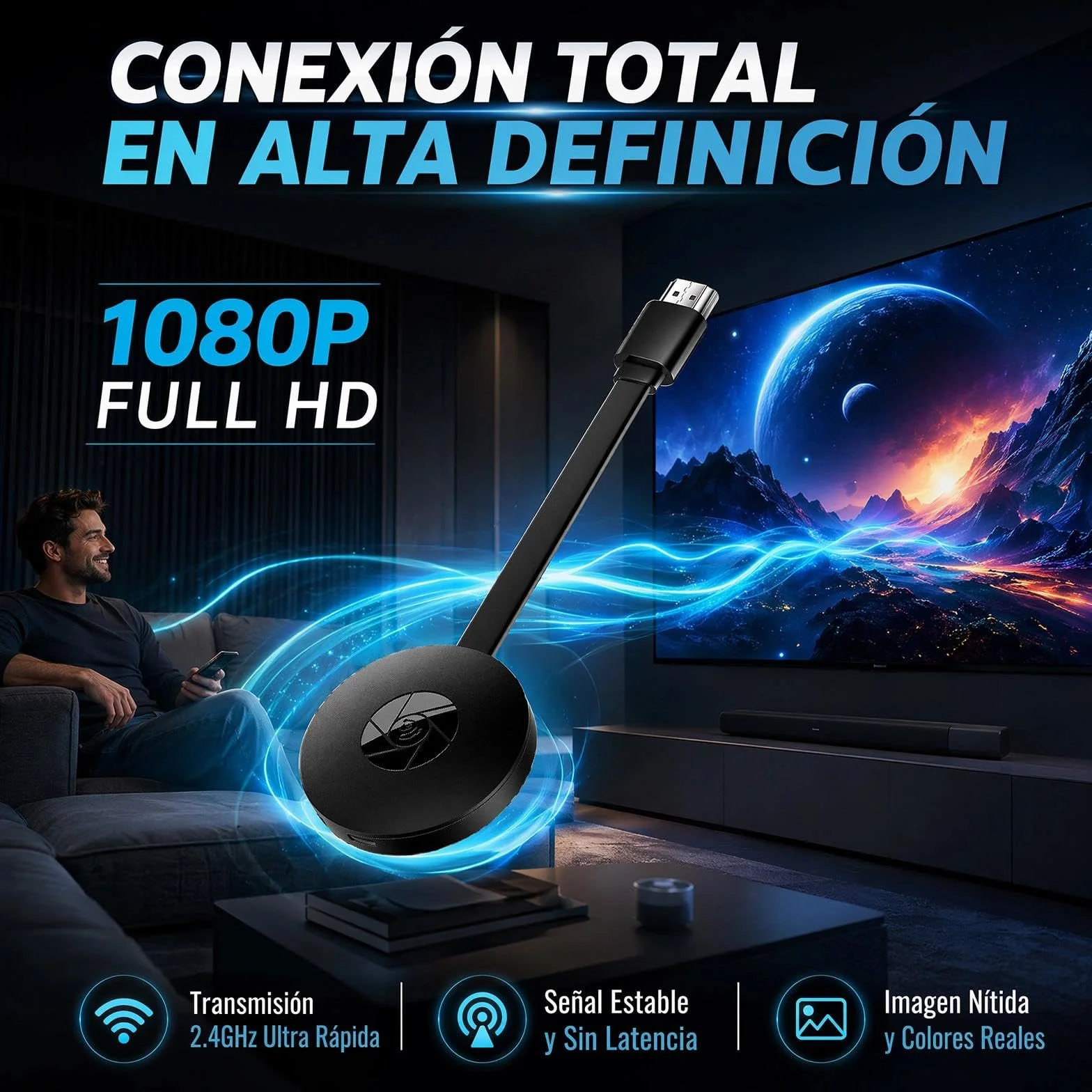 Adaptador De Pantalla Inalámbrico, 1080P para TV Proyector Monitor Receptor Duplicacion Pantalla Miracast Airplay Dlna Streaming iPhone Android PC No Google/Netflix (Menu En Español)