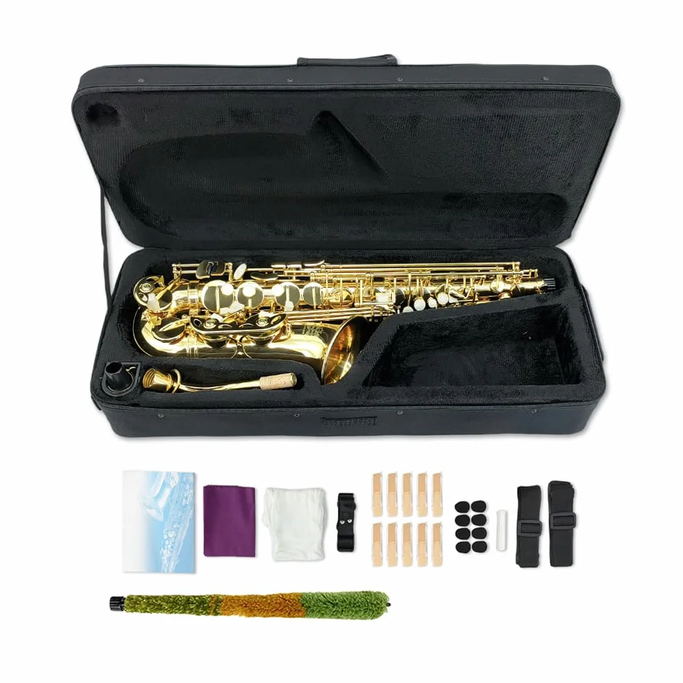 Saxofón alto en mi bemol para adultos y estudiantes - Kit de iniciación con boquilla, estuche de transporte y 10 cañas (dorado)