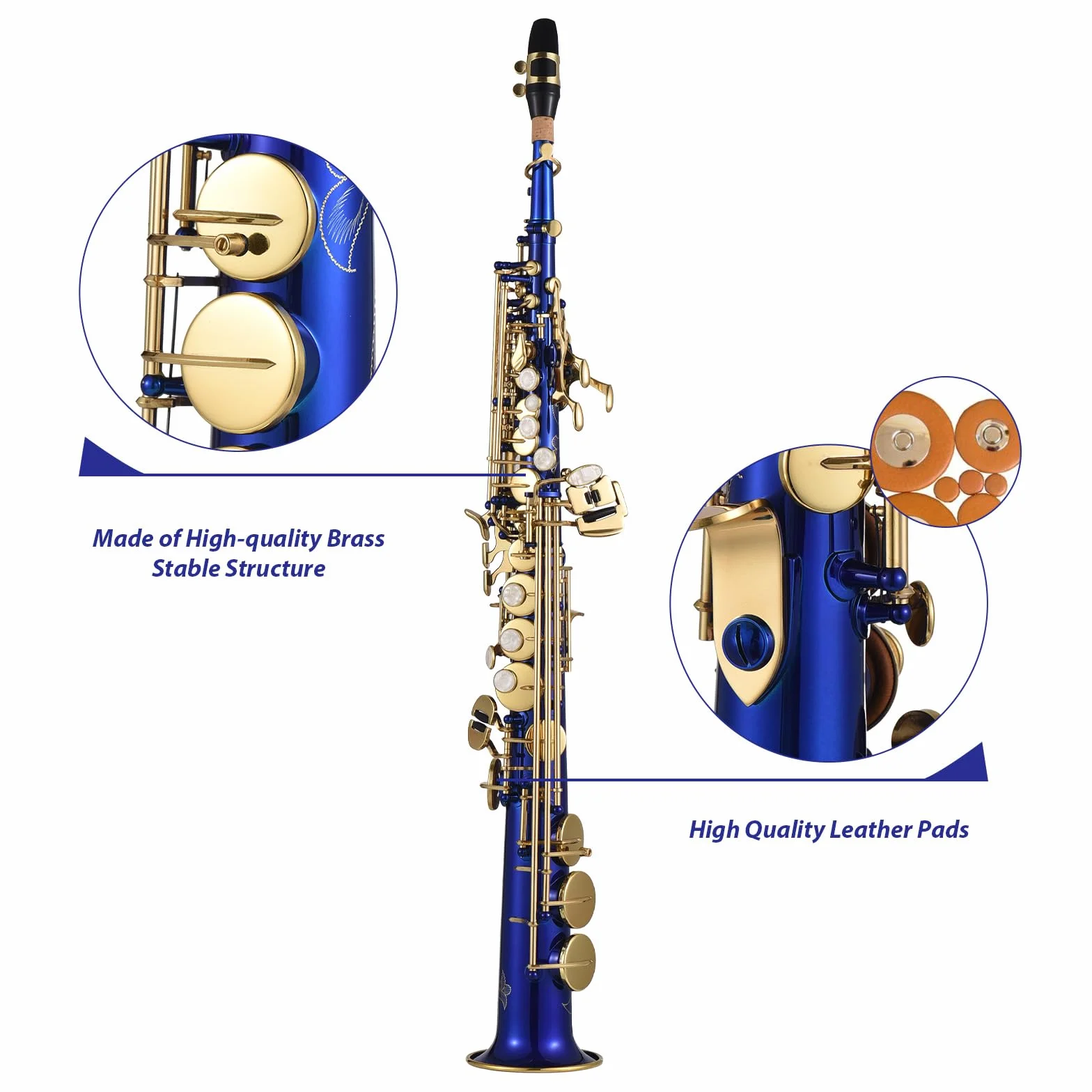 Btuty Saxofón soprano recto B♭ Si bemol Instrumento de viento de madera para estudiantes y principiantes con llave de concha natural en Azul, hecho de Latón
