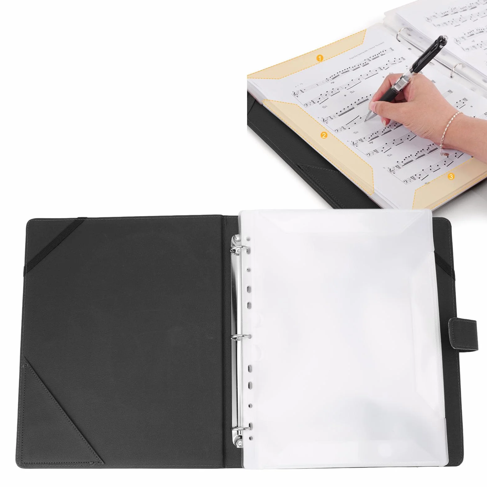 Carpeta de Partituras, 30 Bolsas, 60 Páginas, Cuero PU, Tamaño A4 Carta, con Banda Elástica; para Coro, Músicos, Estudiantes, Clases y Ensayos