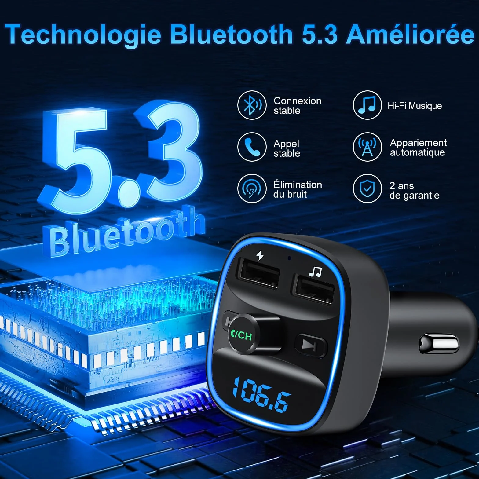 Transmisor FM Bluetooth para Coche, Bluetooth 5.3 Manos Libres Inalámbrico Reproductor Coche con Dual USB 5V/2.4A, Hi-Fi Reproductor Música Adaptador de Radio Soporte Tarjetas SD USB Flash Drive