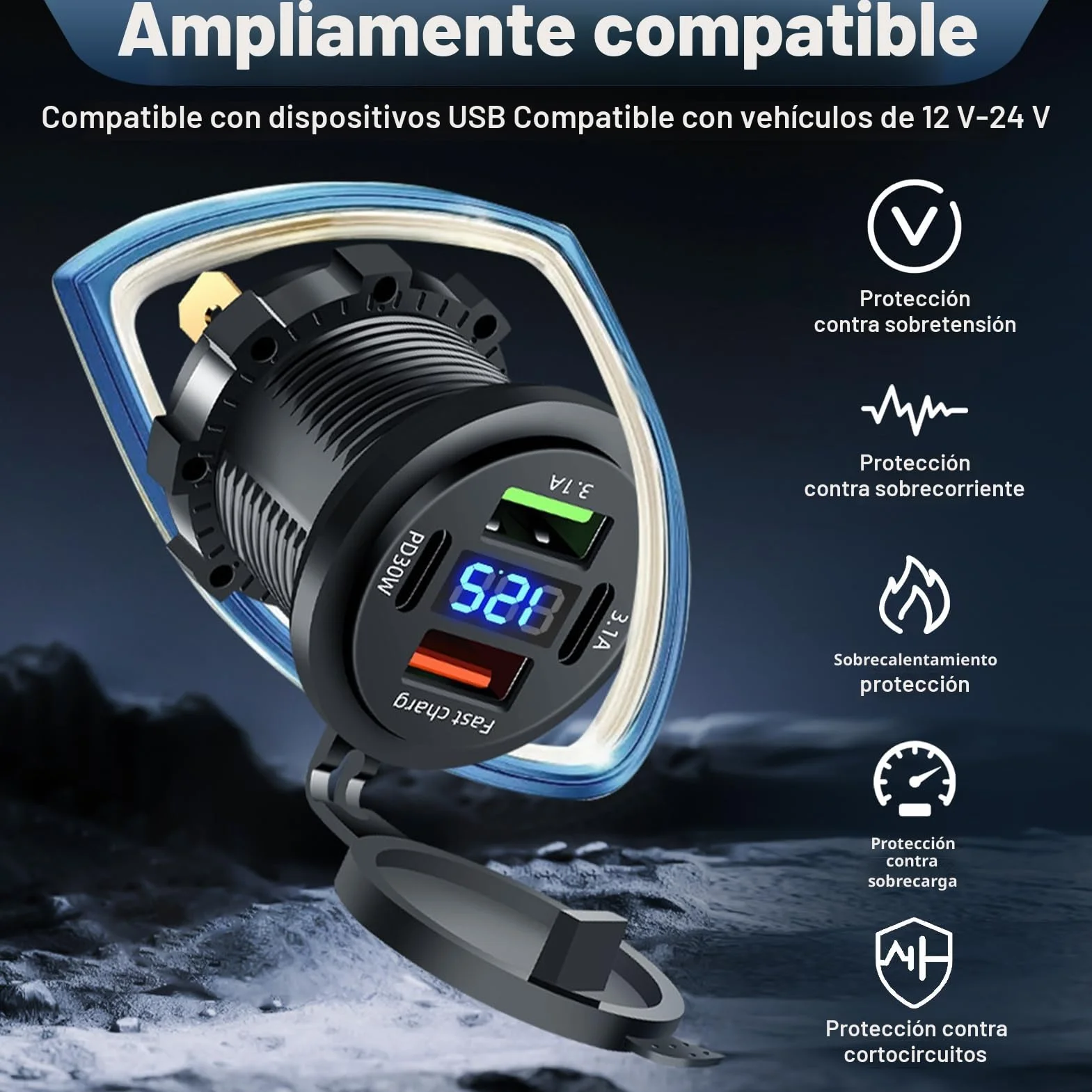 Cargador de Coche 12V 4 Puertos USB, Doble PD3.0 QC3.0 USB C Impermeable con Voltímetro