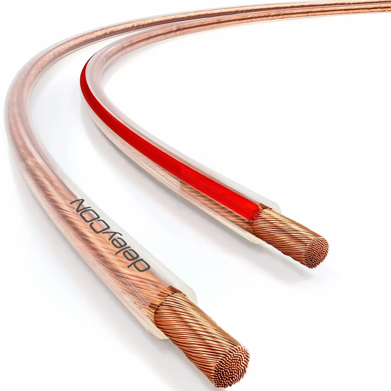 deleyCON 10m Cable para Altavoz 2x 2,5 mm² - Cobre Puro - Cable de Altavoz OFC - Cable de Audio para Altavoces HiFi y Surround - Marcado de polaridad - Transparente
