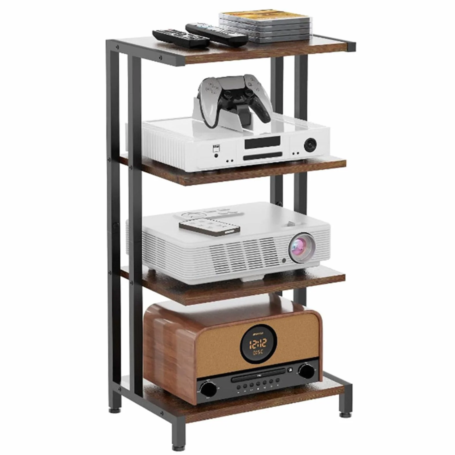 W&H Estante HiFi de madera de 4 niveles, soporte para tocadiscos para álbumes y discos, estantes y soportes estéreo con compartimentos de almacenamiento para reproductores de DVD decodificadores de TV