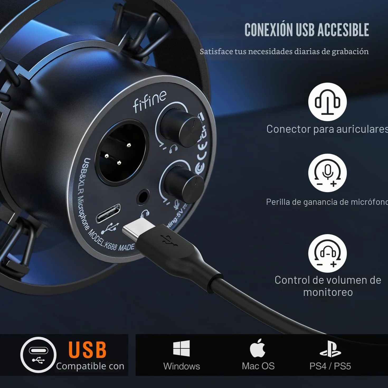 FIFINE XLR Studio Micrófono Dinámico de Podcast, RGB Gaming Micrófono USB per Ordenador PS4 PS5, para Podcast Estudio Streaming Podcasting Grabación
