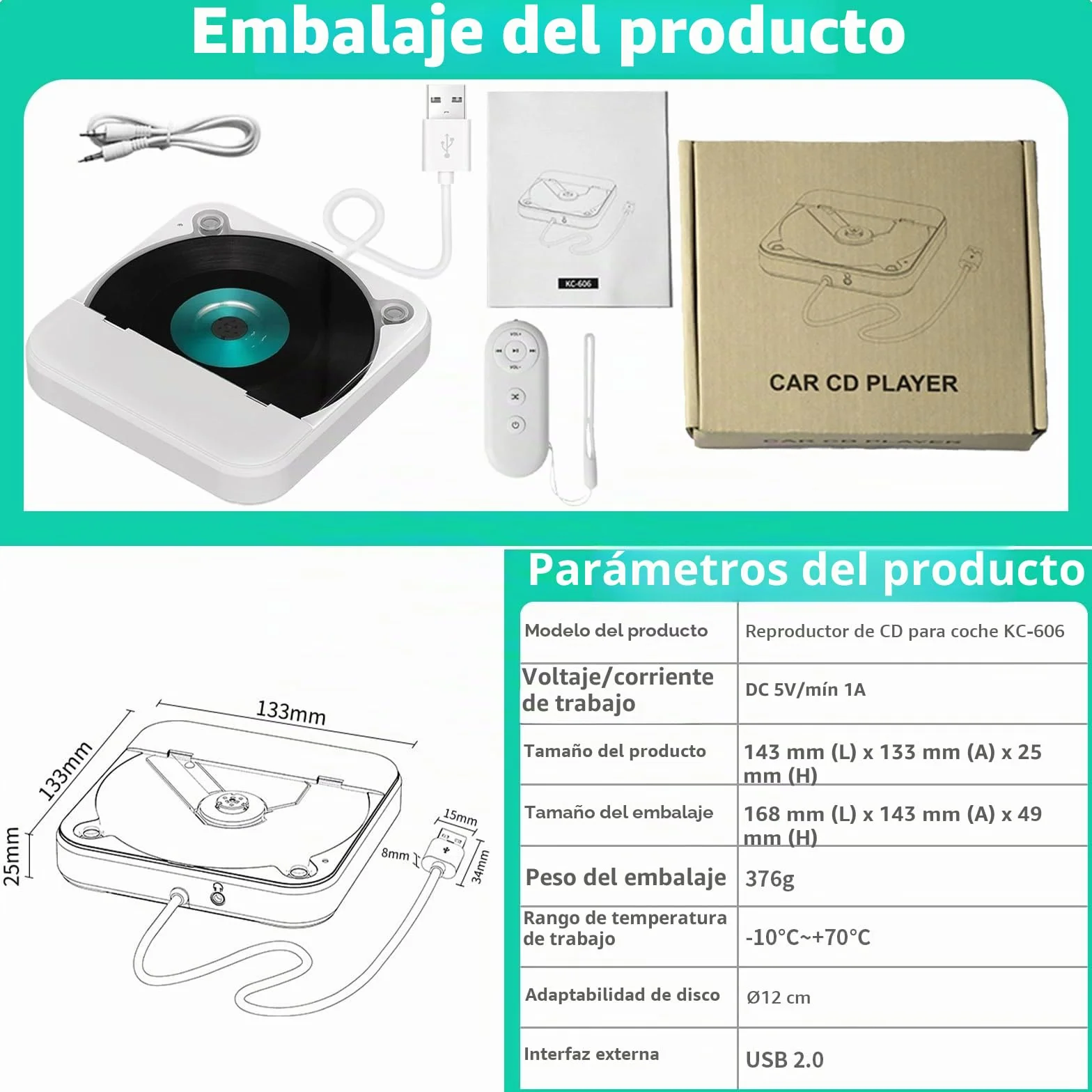 Reproductor de CD portátil para coche USB AUX externo blanco con mando a distancia
