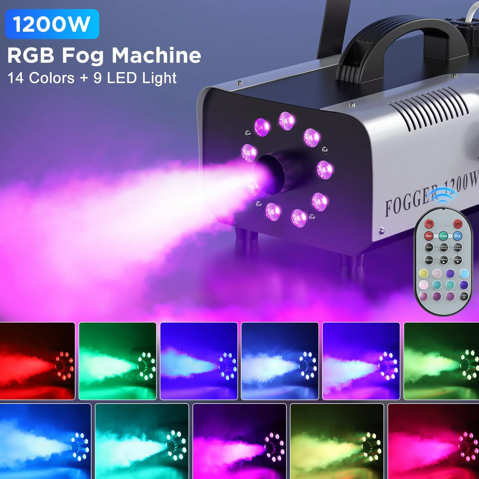 Máquina de Humo Automática 1200W 9 RGB LED Máquina de Niebla Colores Efectos con Remoto Inalámbrico Portátil Fog Machine para Hogar Fiesta Boda Espectáculo Bar Escenario Halloween Navidad