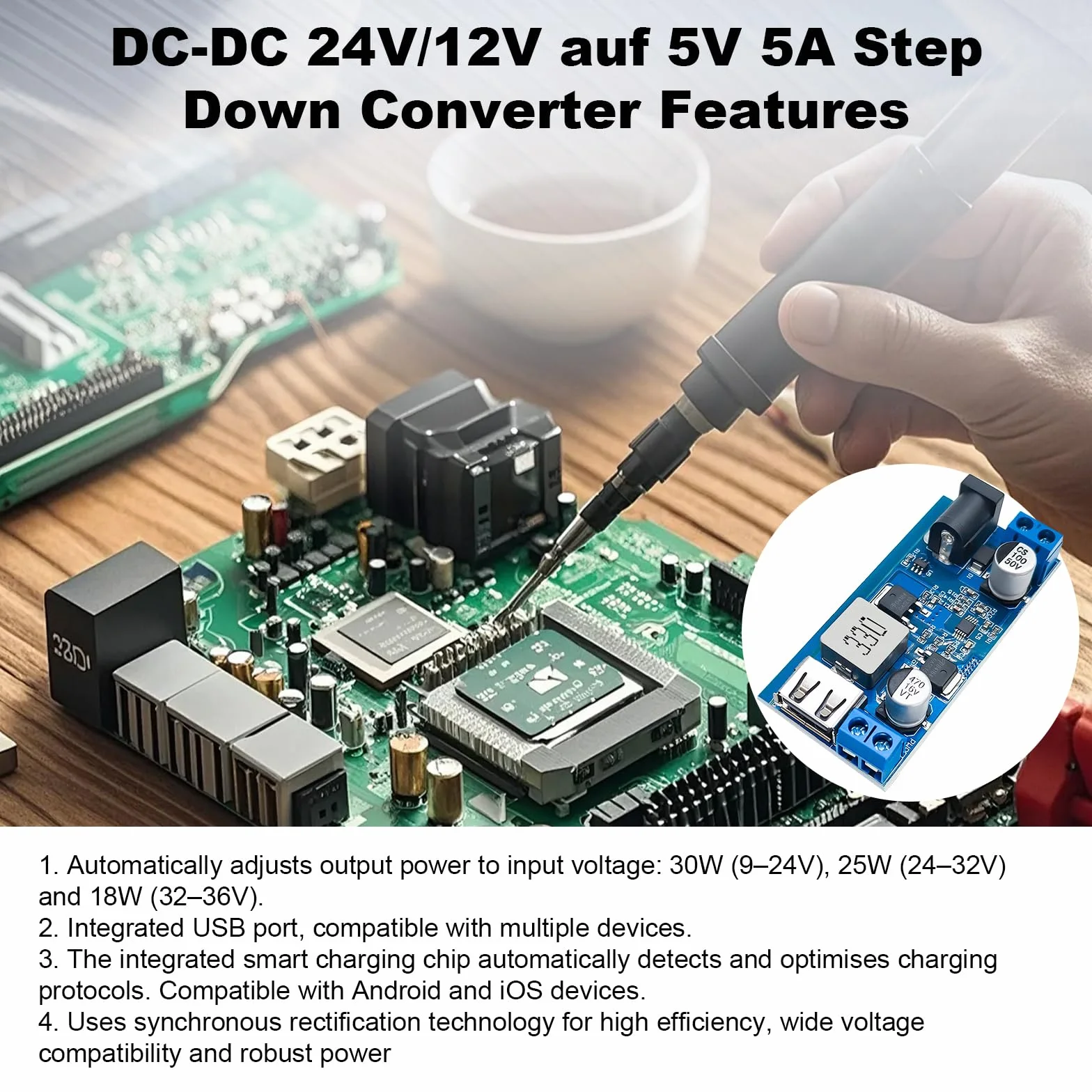3 unidades DC-DC 24V/12V a 5V 5A Step Down Converter,Step Down Power Supply Buck Converter,Spannwandler 12v 5v,Abwärtswandlermodul mit Fast Charge Recognition Chip Kompatibel mit Arduino