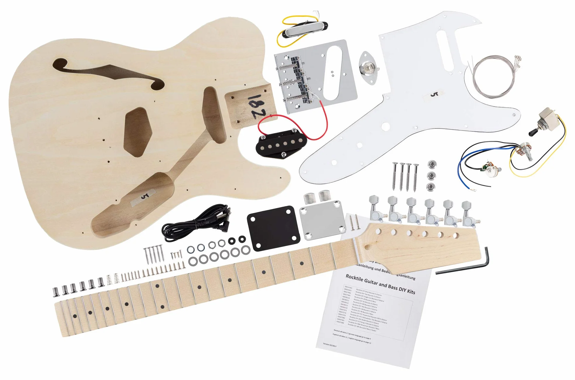 Kit de Guitarra Eléctrica Rocktile Hollowbody Estilo TL - Kit DIY para montar tú mismo con cuerpo semi-hueco, mástil de arce, diapasón de arce, 2 pastillas Single-Coil, incluye hardware - Natural