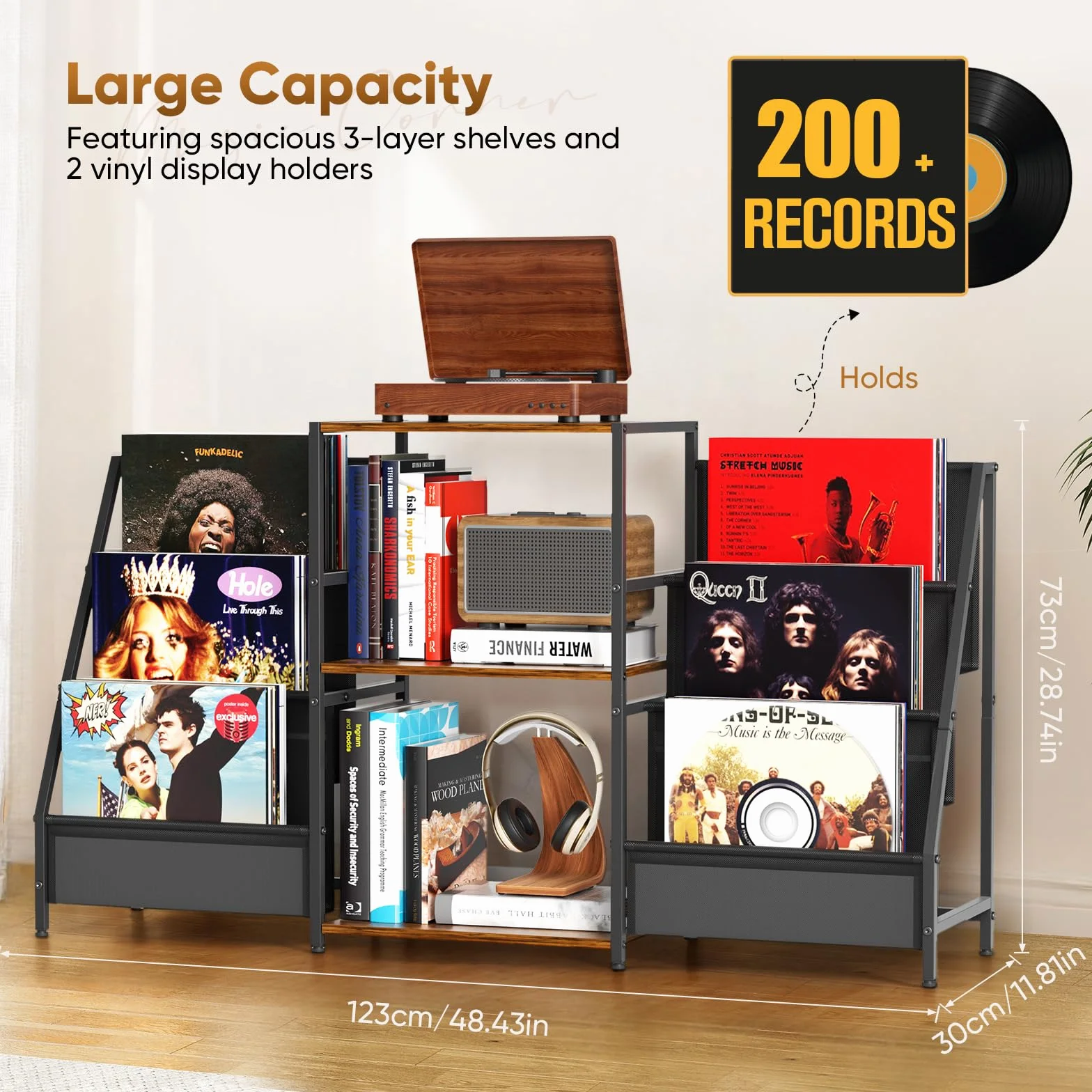 Soporte tocadiscos, mesa auxiliar de 3 niveles, almacenamiento de discos de vinilo de hasta 200 álbumes, 123 x 30 x 73 cm, soporte de mesa giratoria para la visualización y almacenamiento en