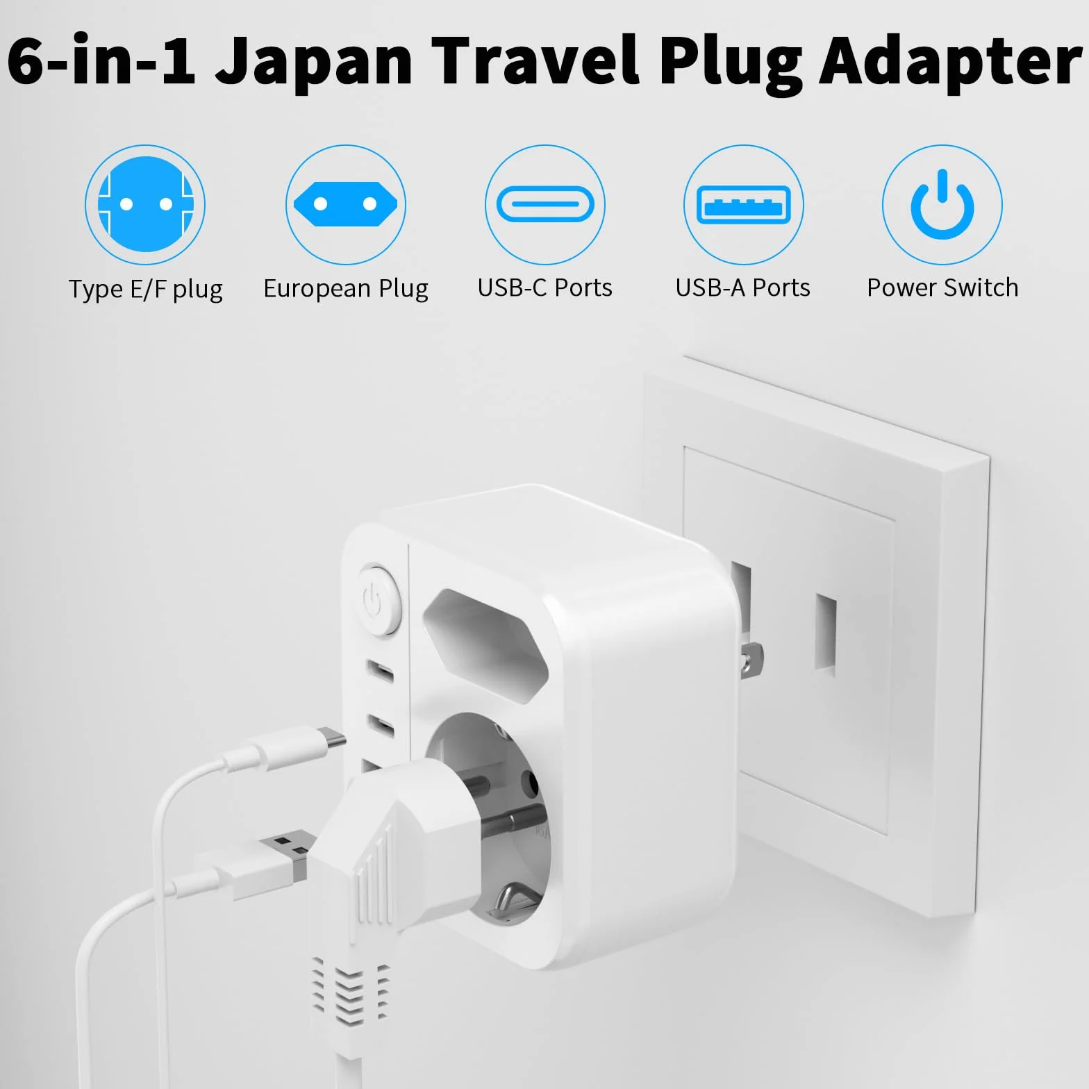 Adaptador Enchufe Japon 2500W 6 en 1 Tipo A 2 USB A 2 USB C Viaje Español a Japones América México Canadá Tailandia