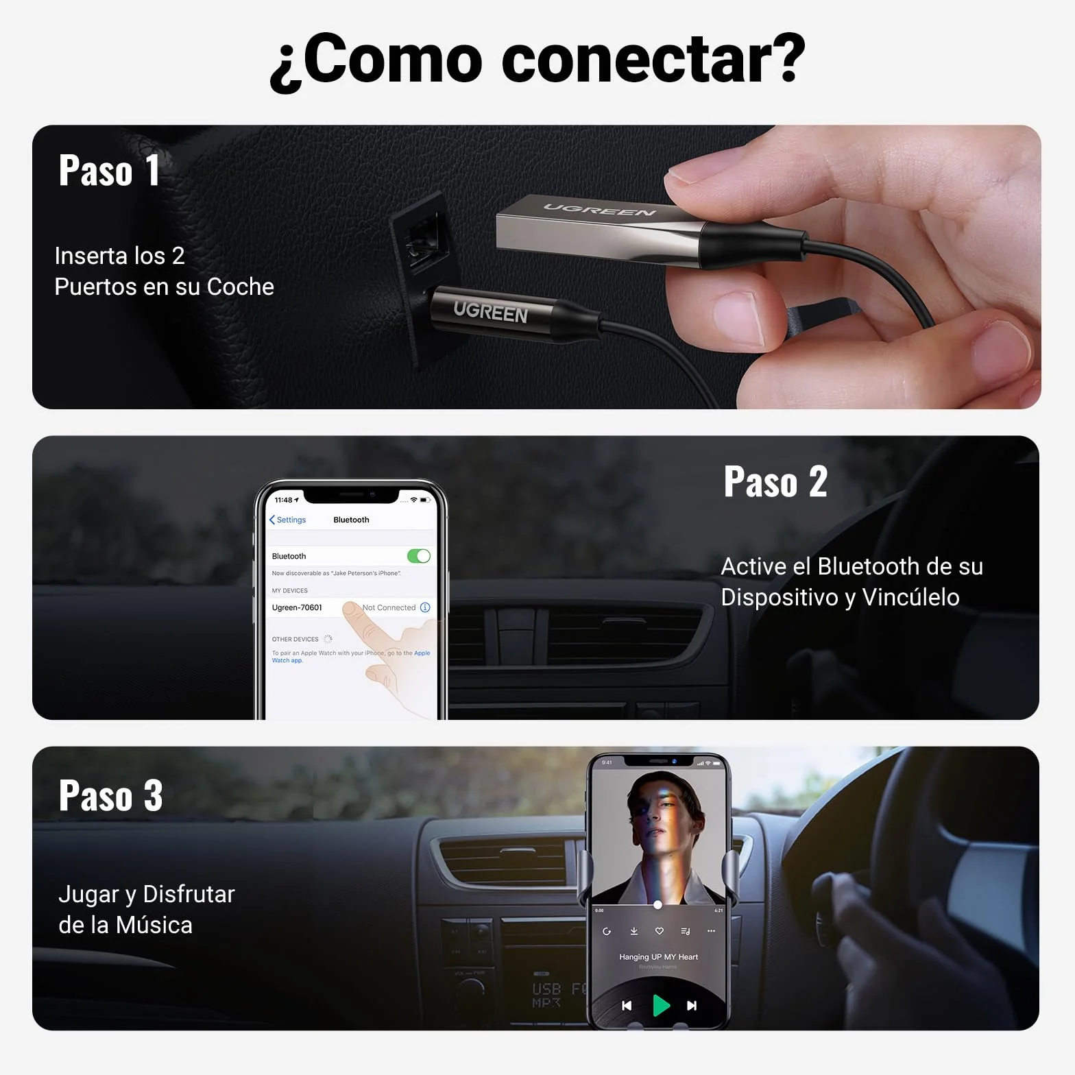 UGREEN Bluetooth 6.0 Adaptador Jack 3.5mm Auxiliar Conector Audio Coche Manos Libres, Gris Oscuro