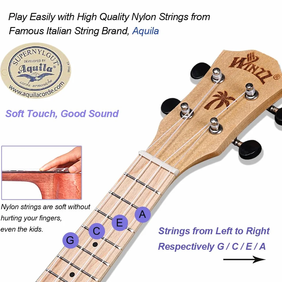 Winzz Ukelele Soprano Infantil, Ukelele Set para Niños y Adulto Principiante, con 9 Accesorios, 21 Pulgadas 4 Cuerdas (Color: Violeta, Madera)