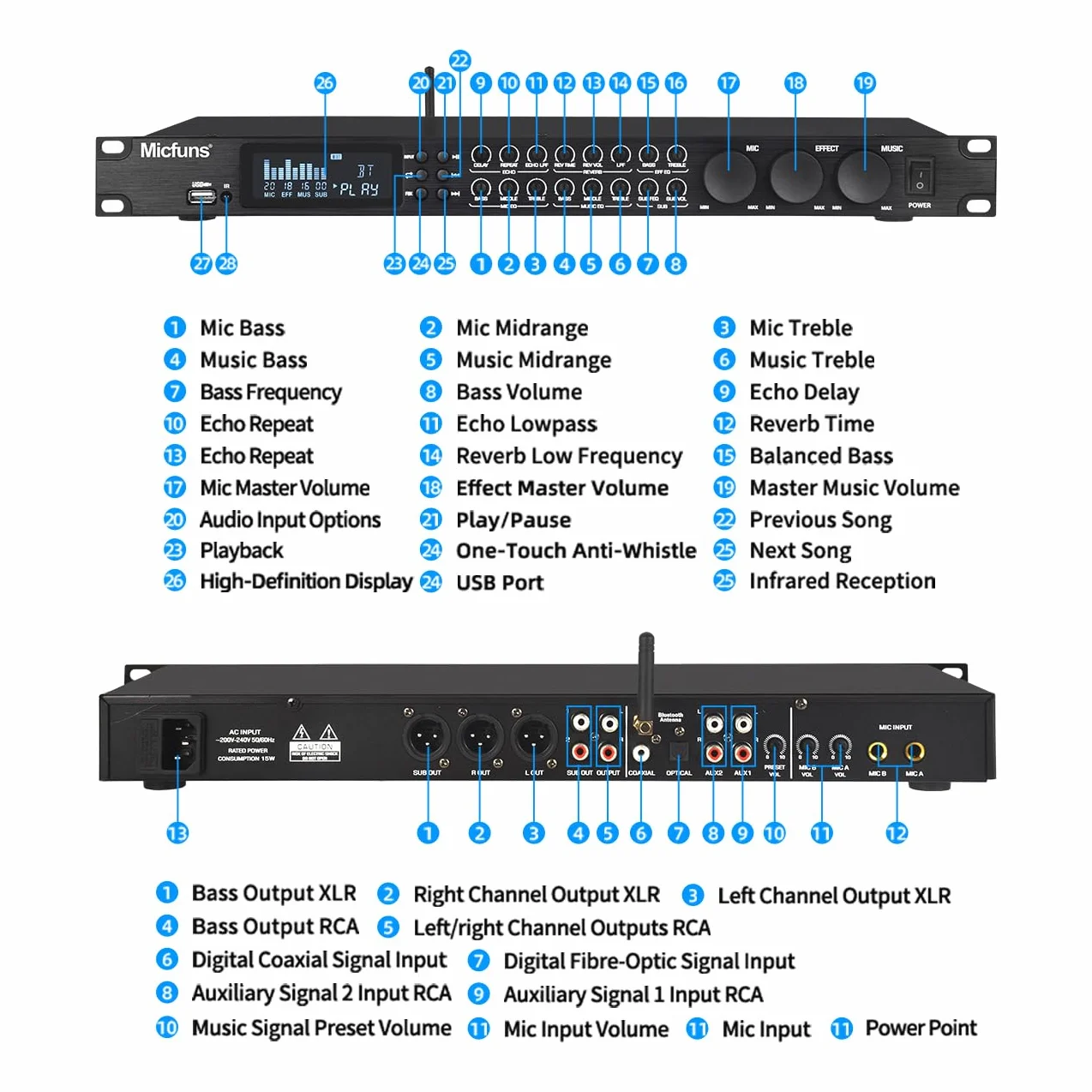 KT900 Digital Pre-etapa Efector Anti-aullido Procesador de Audio Echo USB MP3 Bluetooth Óptico