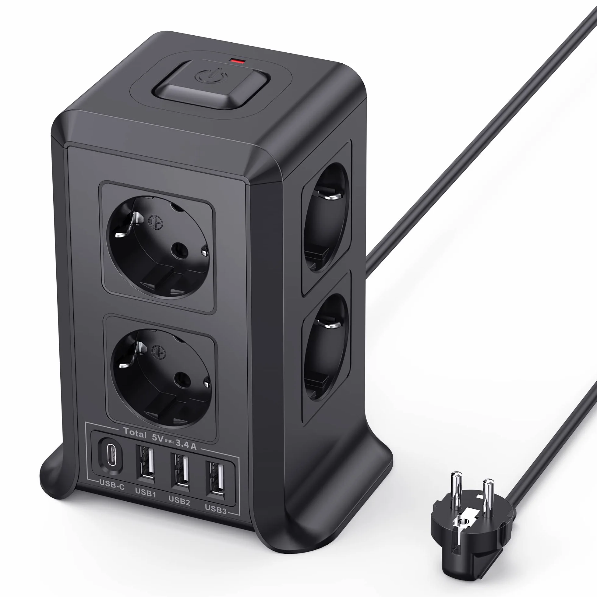 Torre Regletas Enchufes USB 8 Tomas AC 4 USB 2500W/10A Proteccion Sobretension 2M Vertical Interruptor Negro