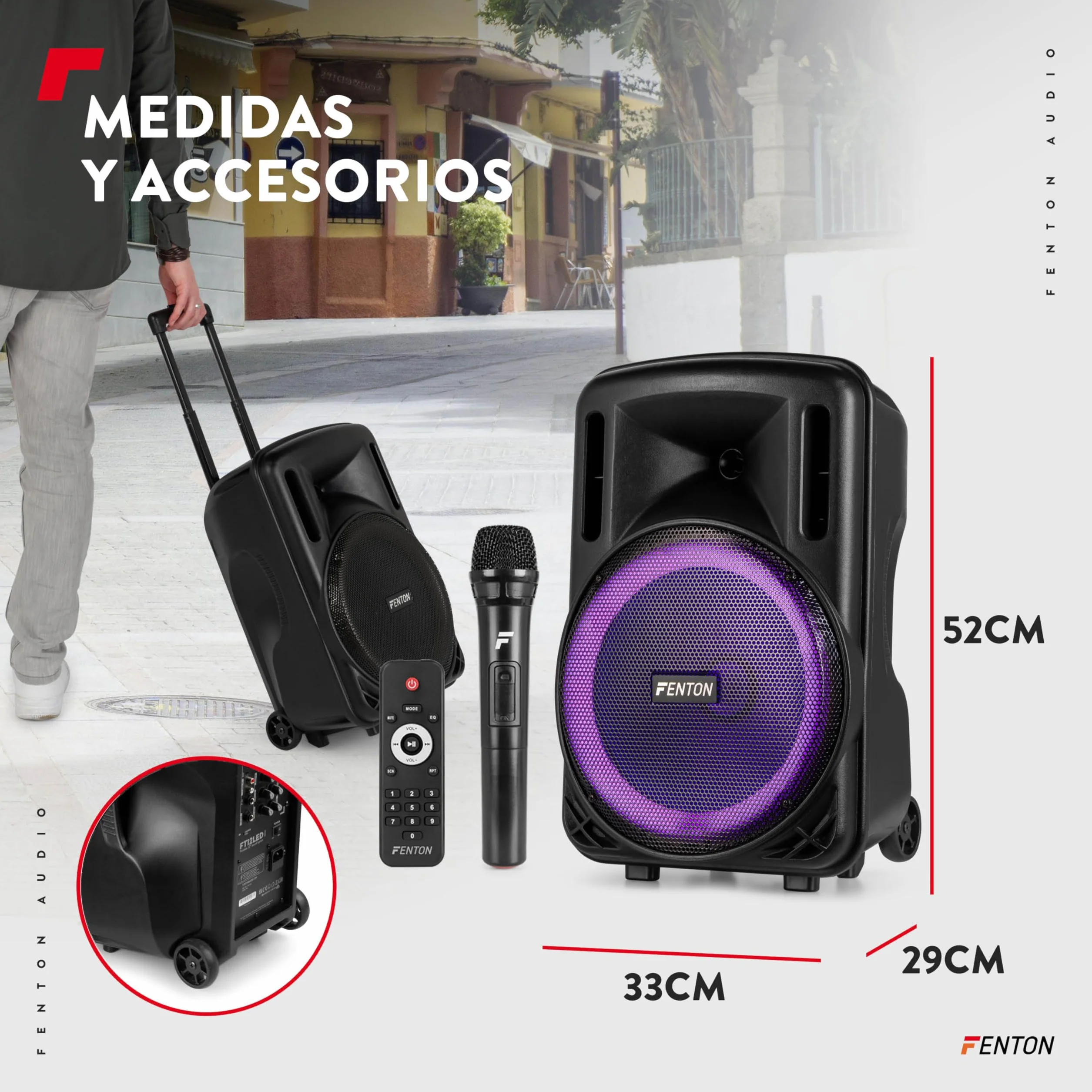 Fenton FT12LED MK2 – Altavoz Bluetooth Grande Potente 700W con micrófono Bluetooth inalámbrico, woofer 12", Altavoz portátil Bluetooth Potente con USB, Karaoke y batería Color Negro