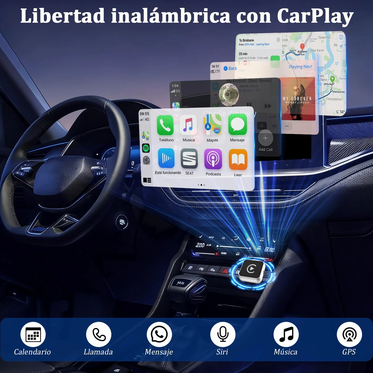 Adaptador Inalámbrico 2 en 1 CarPlay Android Auto USB A/Tipo-C Compatible iPhone 6+ iOS 10+ Android 11+ Plug & Play Acero