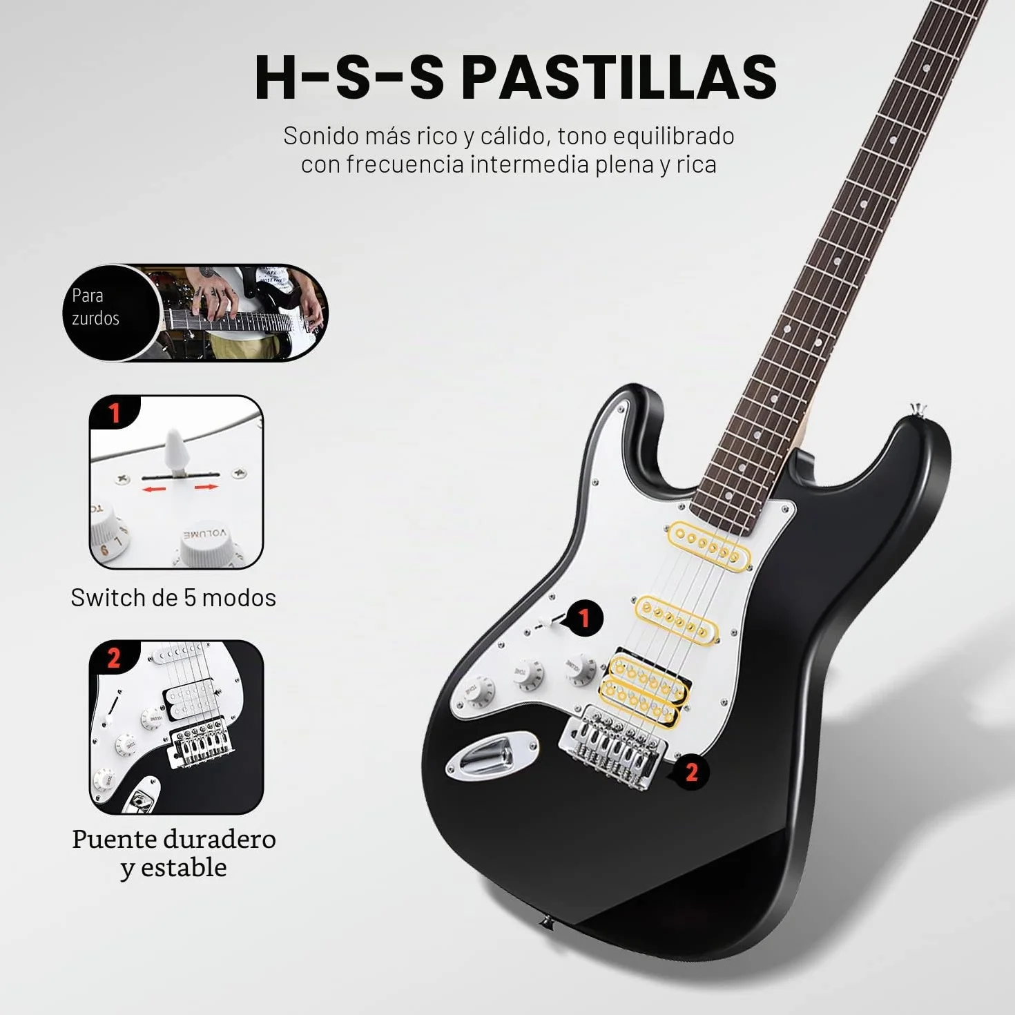 Donner Guitarra Eléctrica para zurdos de tamaño completo de 39 pulgadas con amplificador, bolsa, capo, correa, cuerda, sintonizador, cable y púas (Negro, DST-100BL)