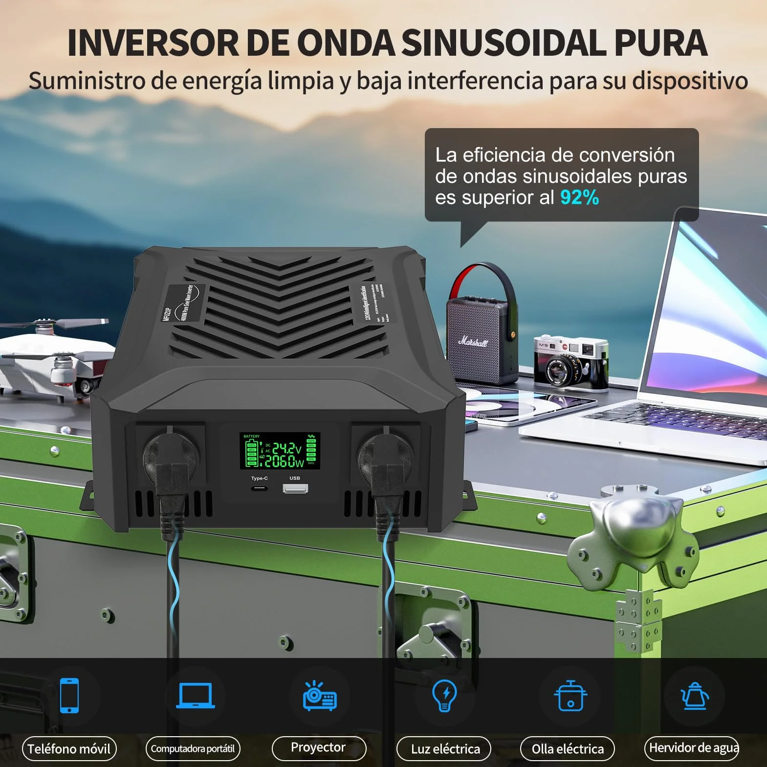 Inversor 24V 220V/230V Onda Pura 2300W, Convertidor 24V 220V 2300W con Pantalla LCD, 2 Tomas AC, 1 USB-A y 1 USB-C, para Autocaravana, Camión, Transformador Fuera de Red