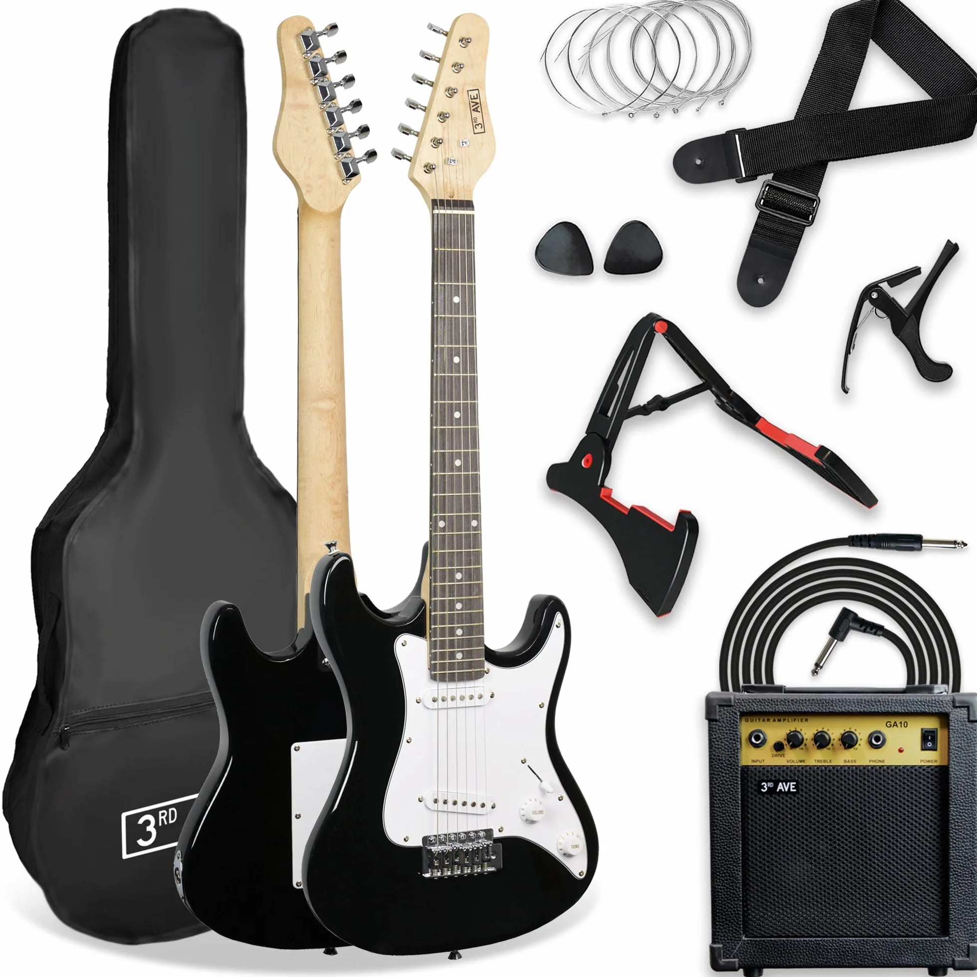 3rd Avenue XF Kit Definitivo De Guitarra Eléctrica Tamaño 3/4 Con Amplificador De 10 W, Afinador Digital, Cable, Soporte, Funda, Correa, Cuerdas De Repuesto, Púas Y Cejilla, Color Negro