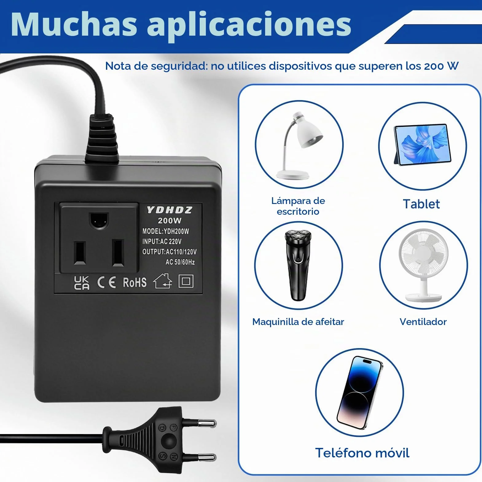 Transformador 220V a 110V Convertidor de Voltaje 200W Adaptador Reductor de Corriente para Viajes Internacionales Enchufe