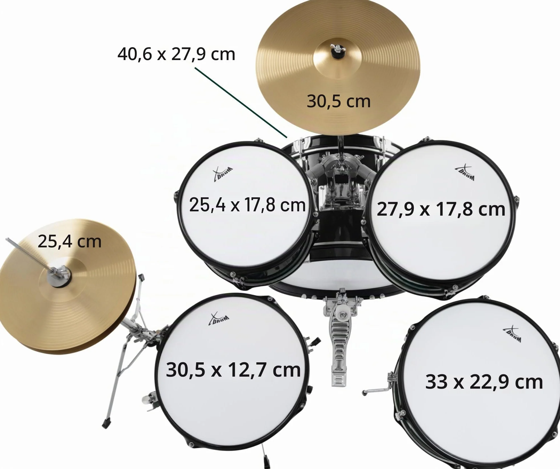 XDrum Junior Pro Batería Infantil Black - adecuada de 5 a 9 años - Set de batería con accesorios completos - incl. escuela - Negro