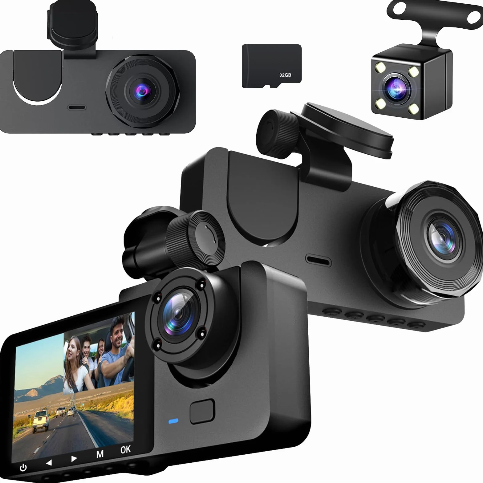 Cámara para Coche 1080P con Cámaras Frontal, Trasera e Interior, Tarjeta SD de 32 GB, Vigilancia de Aparcamiento, Visión Nocturna por Infrarrojos, Sensor G y Grabación en Bucle (Versión Estándar)