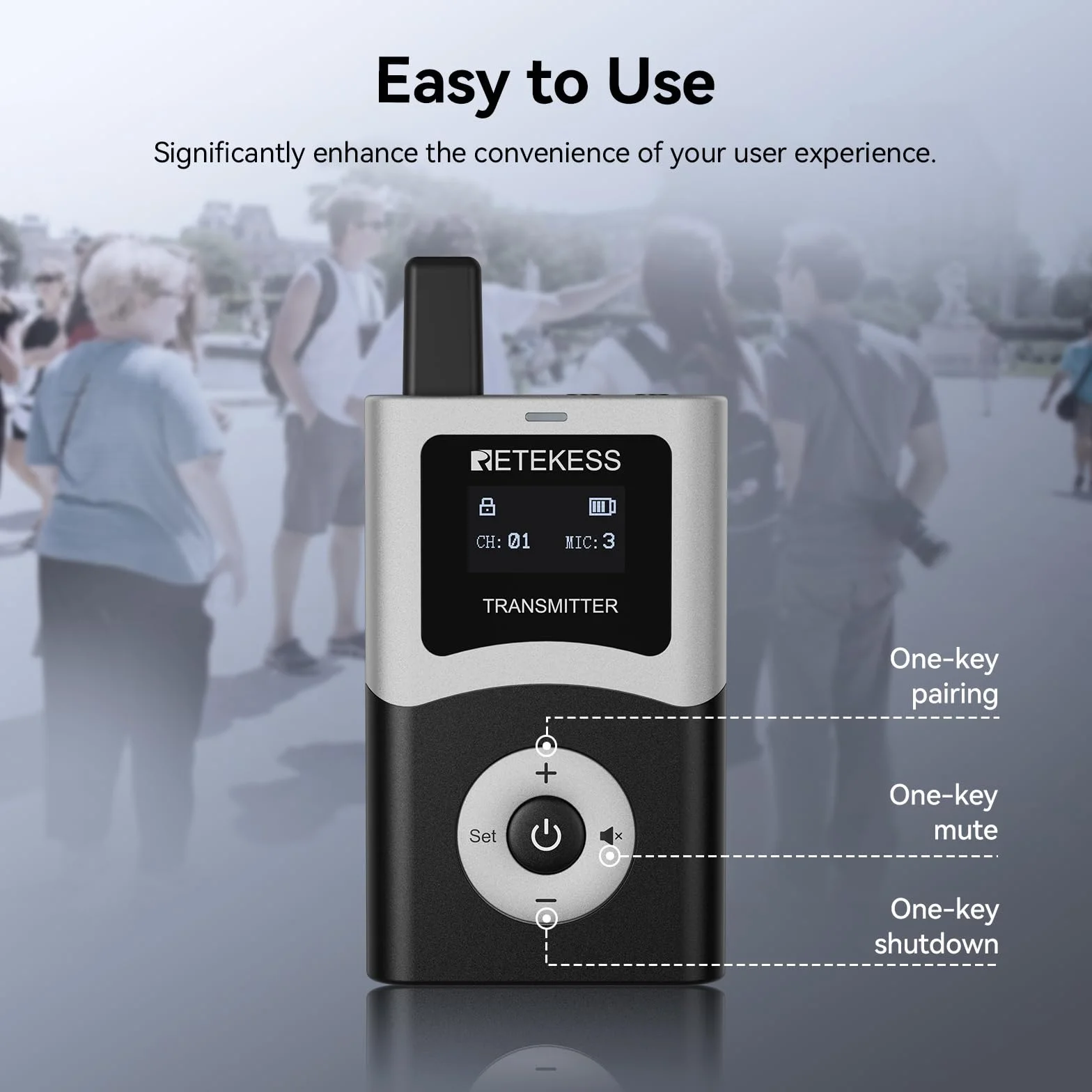 Retekess T130U (T130 4rd) Portátil Sistema de Guía Turística Inalámbrico, Juego de Guía Turística, Audioguías, 200 m, de Transmisión Digital, Operación con Una Sola Tecla, Estuche de Carga de 32