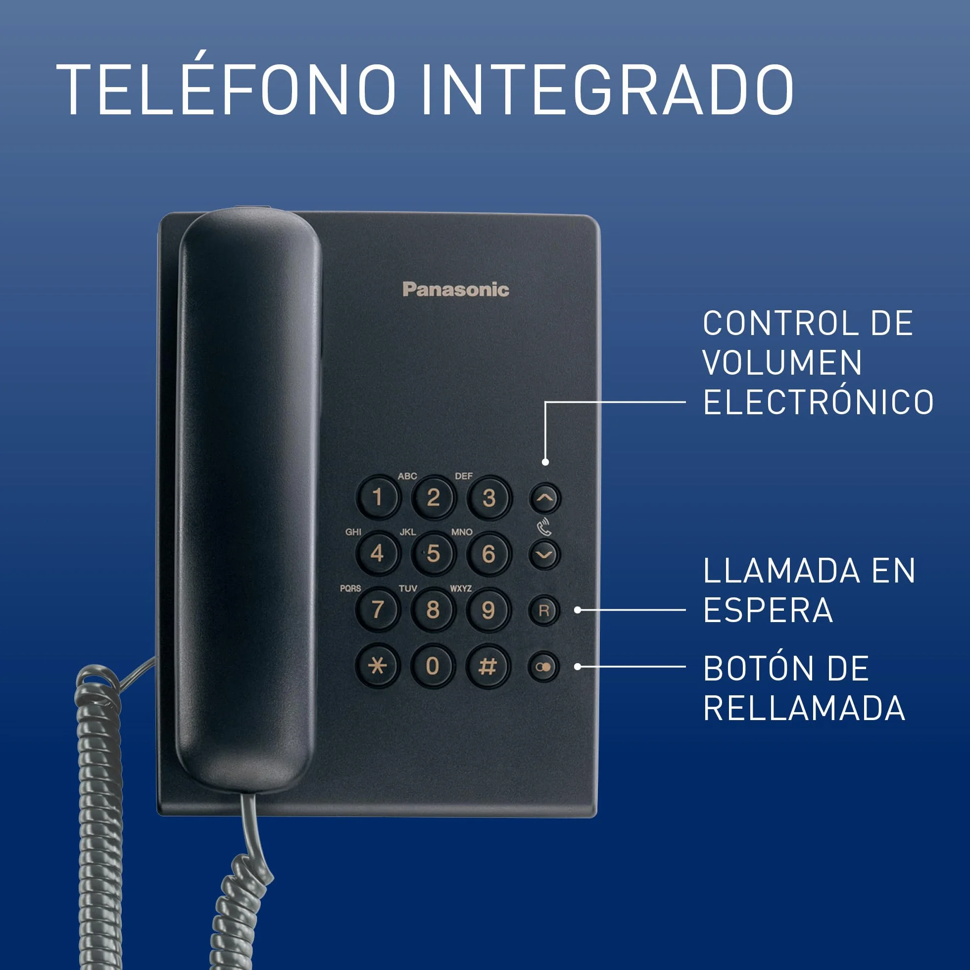 Panasonic KX TS500EXB - Teléfono Fijo con Cable para Hogar u Oficina, Montaje en Pared o Escritorio, Control de Volumen, Repetición de Número, Color Negro