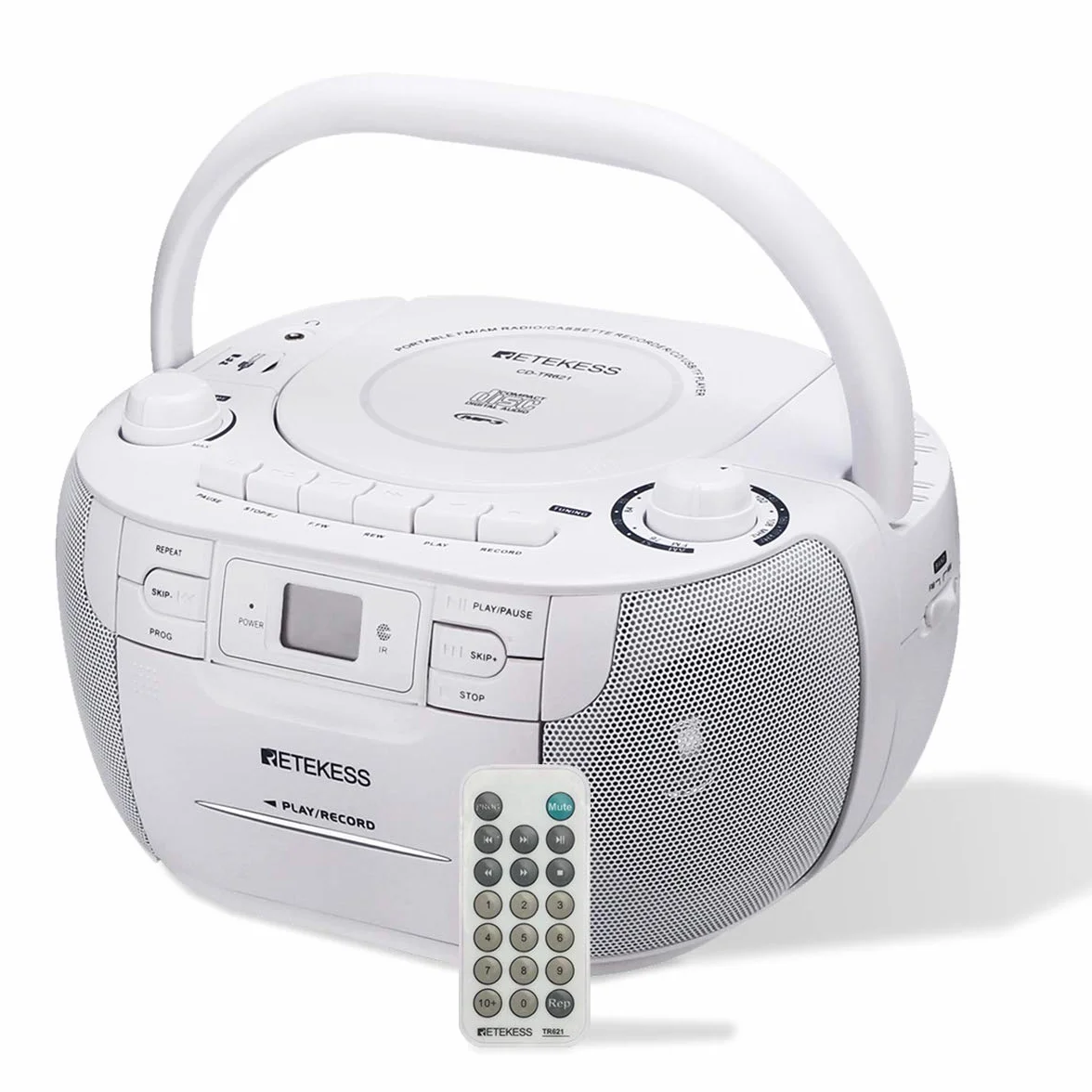 Retekess TR621 Radio CD Reproductor Boombox Stereo FM AM USB TF Grabación Control Remoto Blanco