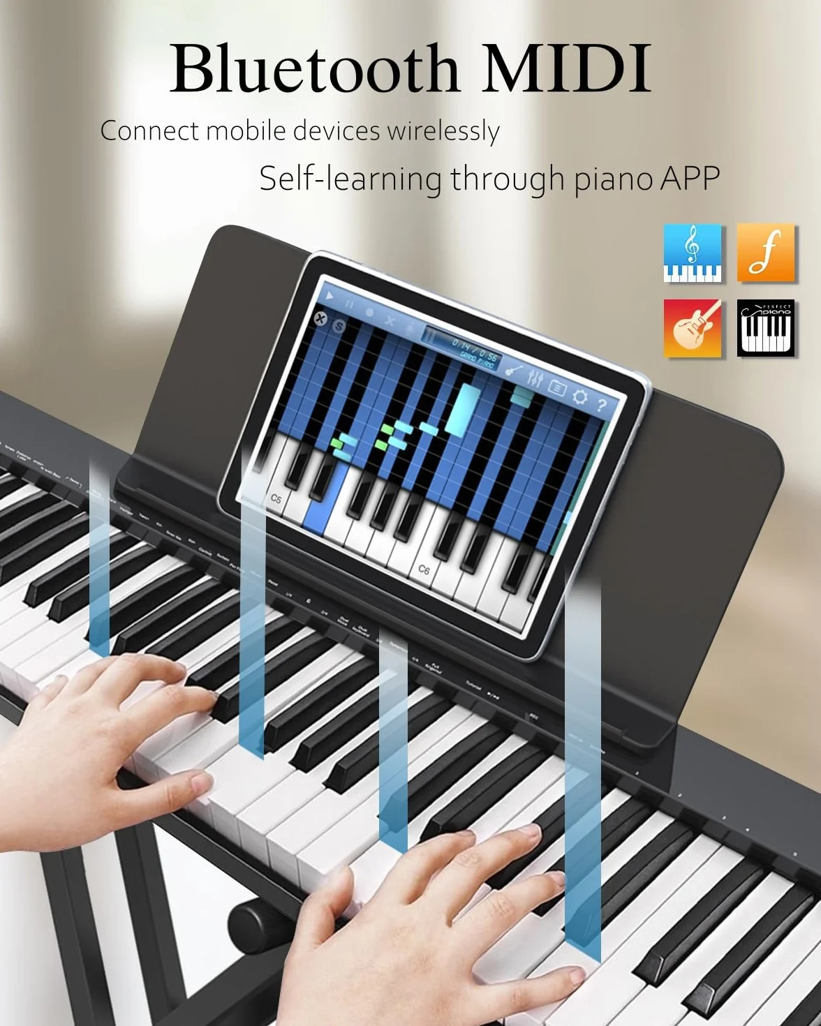 Longeye Piano Eléctrico 88 Teclas–Teclado Piano y Portátil con Soporte, Semicontrapesadas, Pedal de Sustain, Atril y Bolsa de Transporte–Blanco(Slim-88)