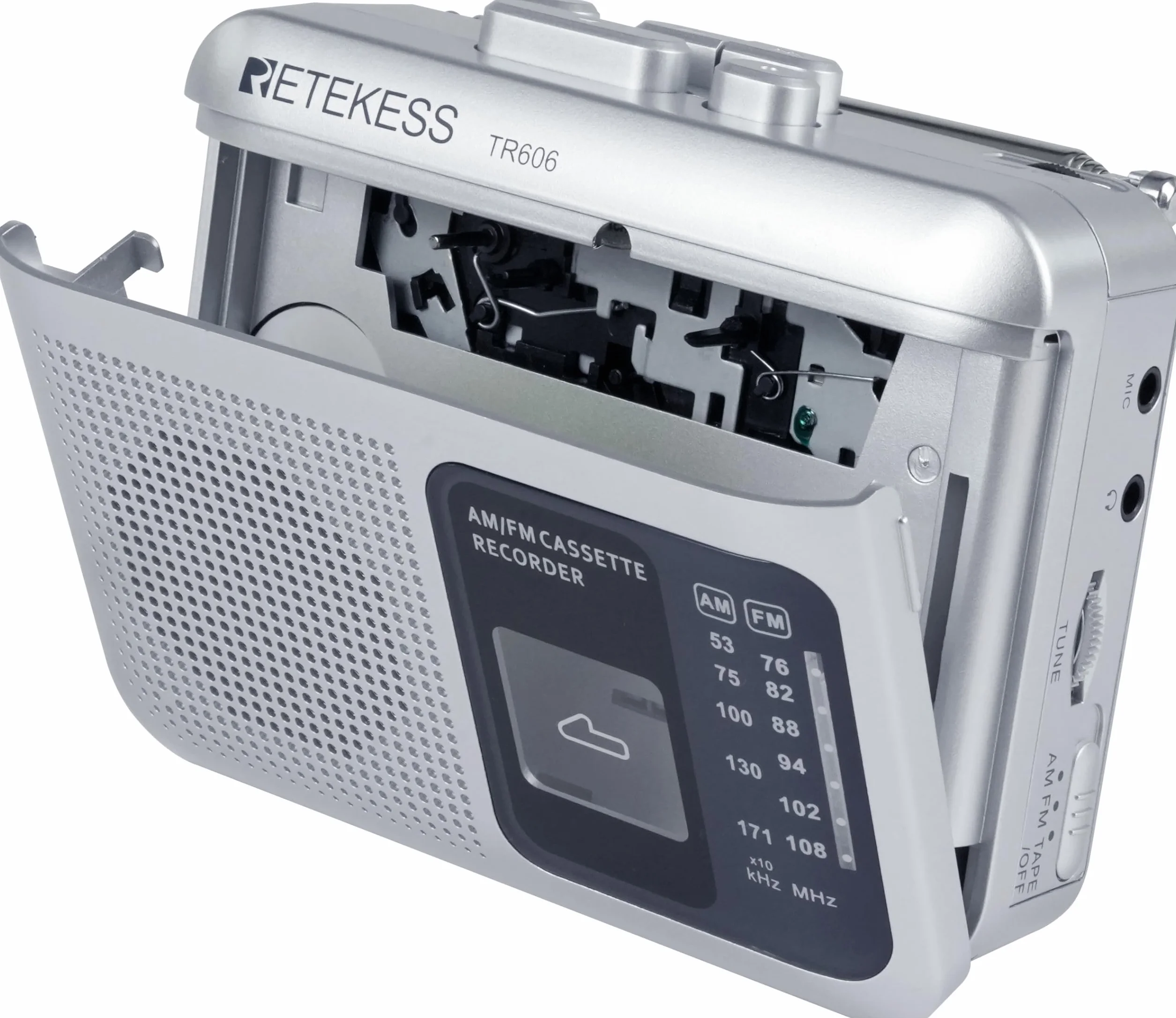 Retekess TR606 Reproductor de Casetes Portátil con Radio FM AM, Jack 3,5 mm, Grabación a Casete y PC, Plata