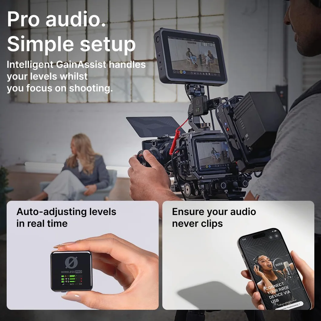 RØDE Wireless PRO Sistema de micrófono inalámbrico compacto con timecode, grabación interna 32 bits flotante, 2 micrófonos lavalier y estuche de carga inteligente para vídeo y contenido