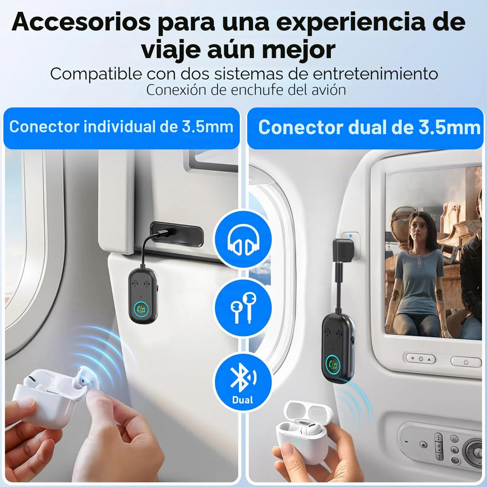 Transmisor Receptor Bluetooth 5.3,2 en 1 Transmisor Bluetooth Jack 3.5mm,receptor bluetooth jack 3.5mm Soportes para 2 AirPods/auriculares,adaptador bluetooth para TV/Avión/Coche/Auriculares/Altavoces