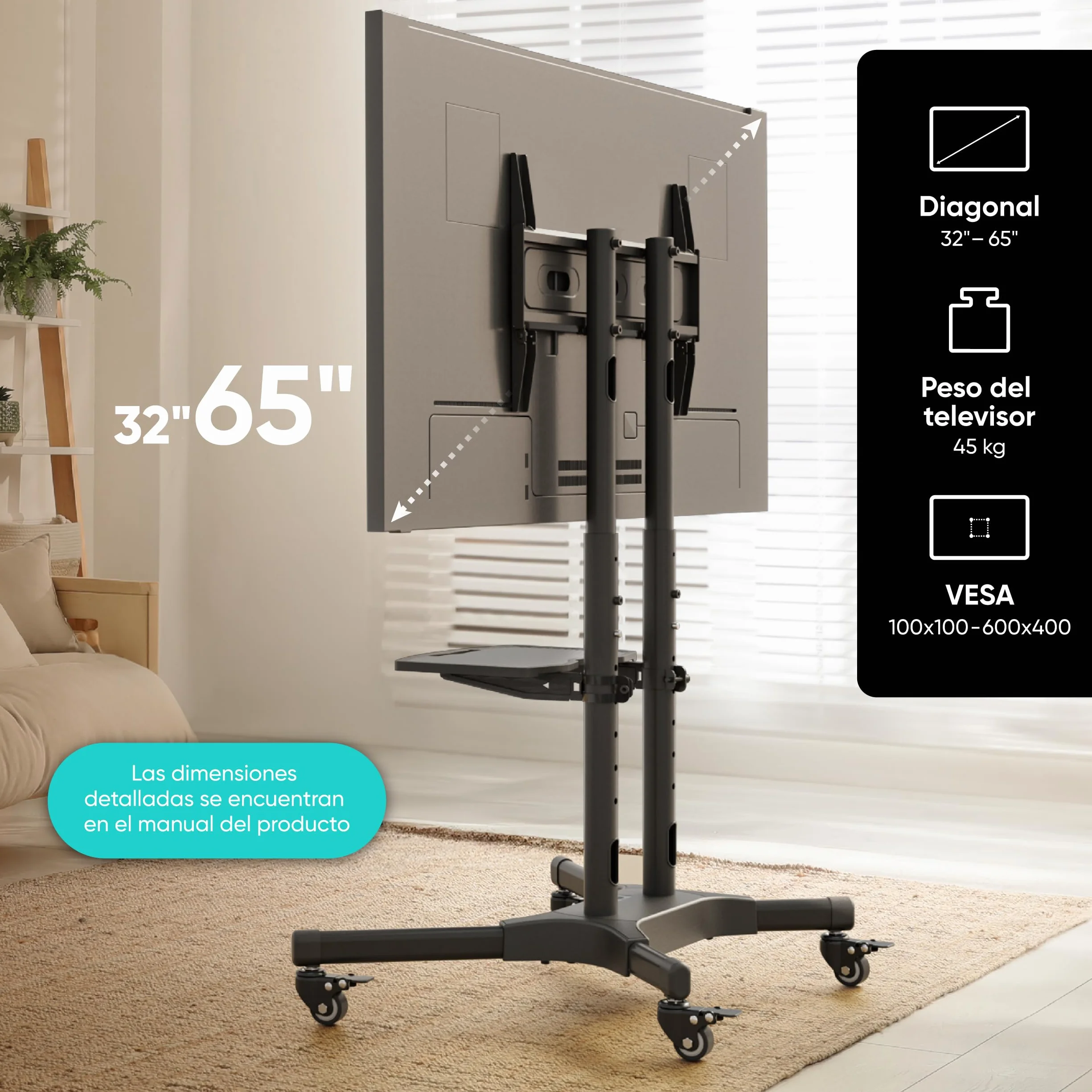 ONKRON Soporte TV Ruedas 32-65 Pulgadas Carga 50 kg VESA 100x100-600x400 mm Altura Ajustable Carro Televisor Universal Negro