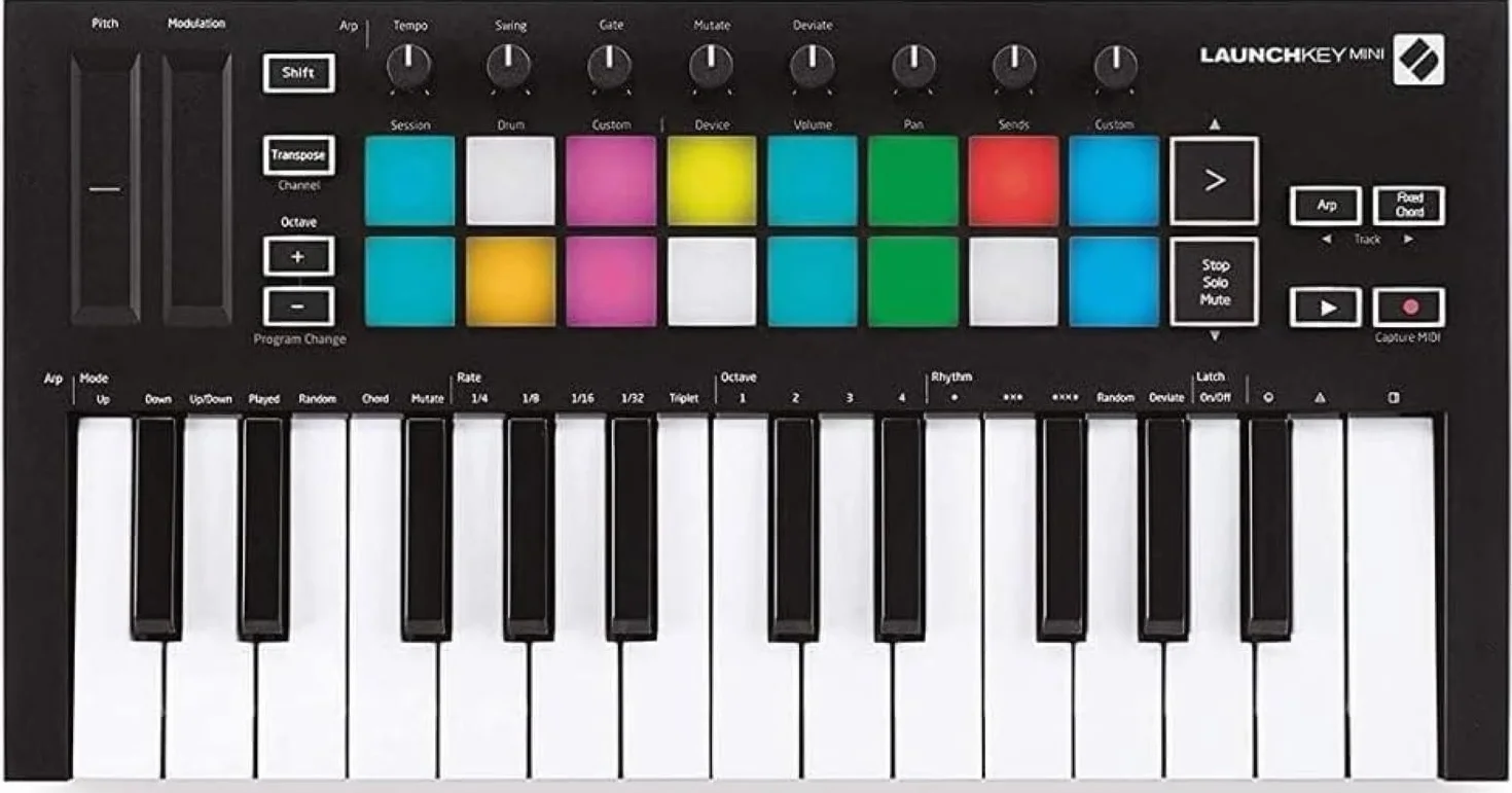 Novation Launchkey Mini [MK3] — Controlador de teclado MIDI de 25 teclas portátil con USB e integración de DAW. Modo de acordes fijos y arpegiador — para producción musical