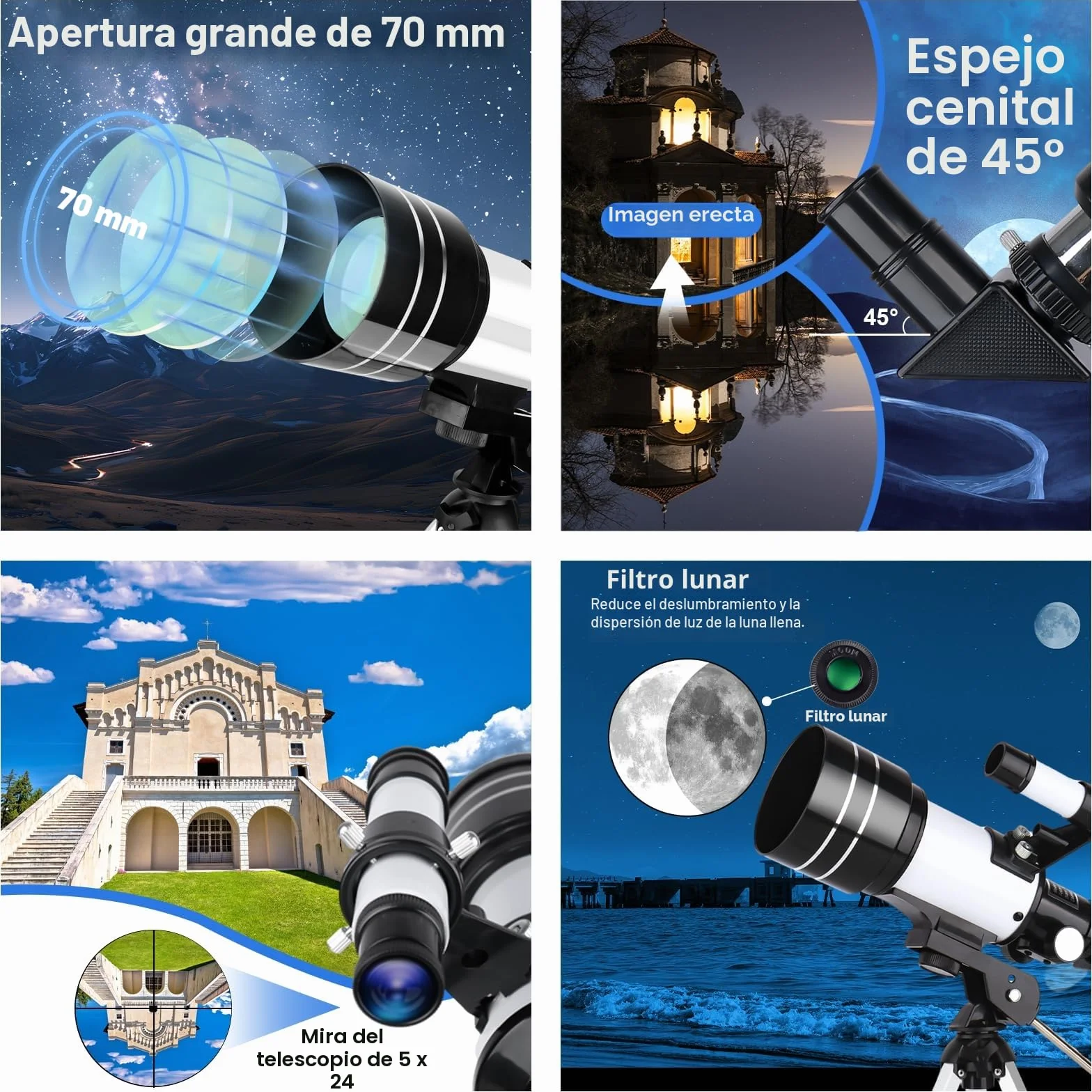 Telescopio 70mm Apertura 300mm Refractor para Adultos Principiantes Astronomía con Trípode