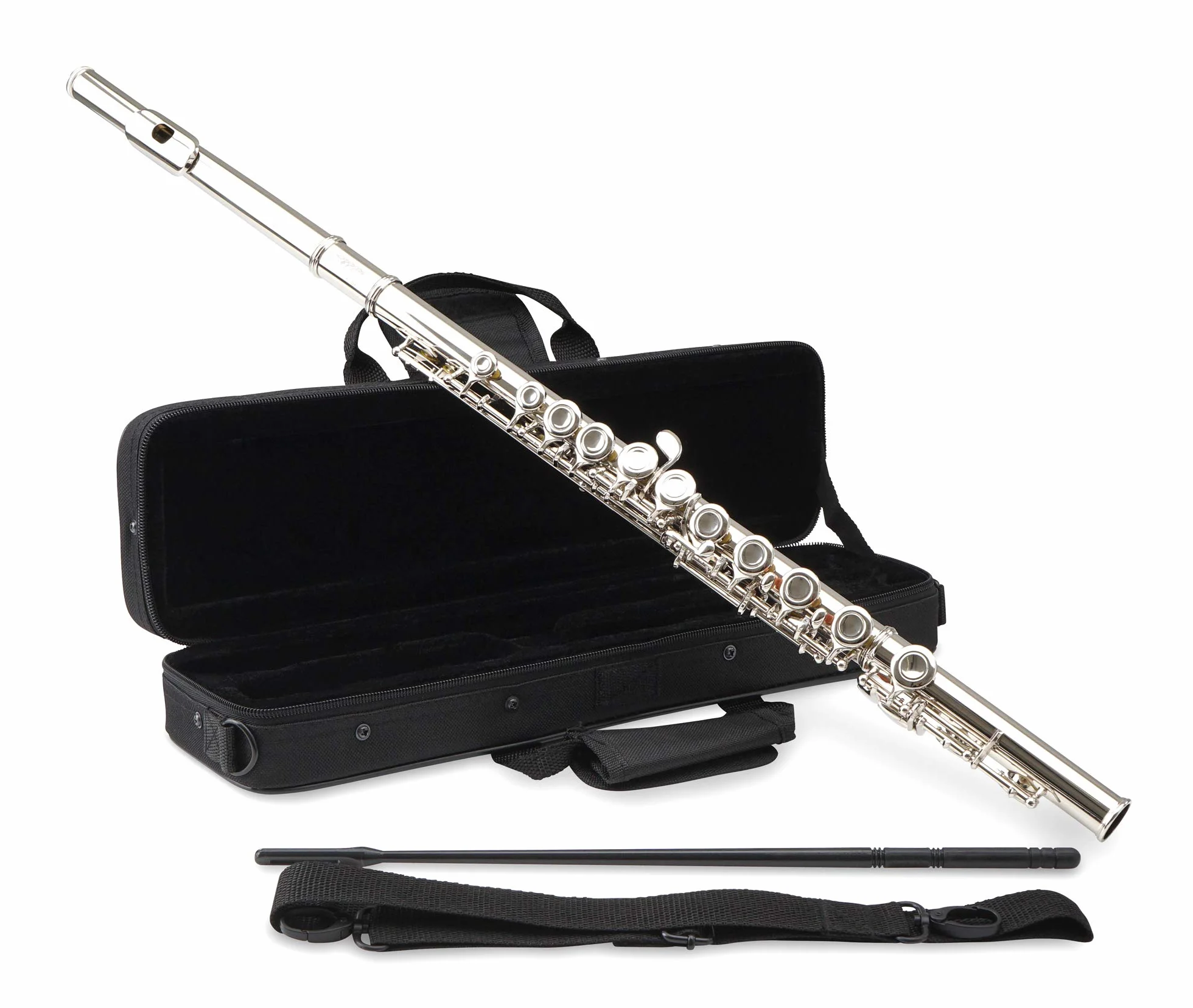 Flauta Traversa Classic Cantabile FL-100, ideal para principiantes, alpaca niquelada, llaves cerradas, mecanismo en E, sol adelantado, afinación en C, incluye estuche y accesorios, color plateado.