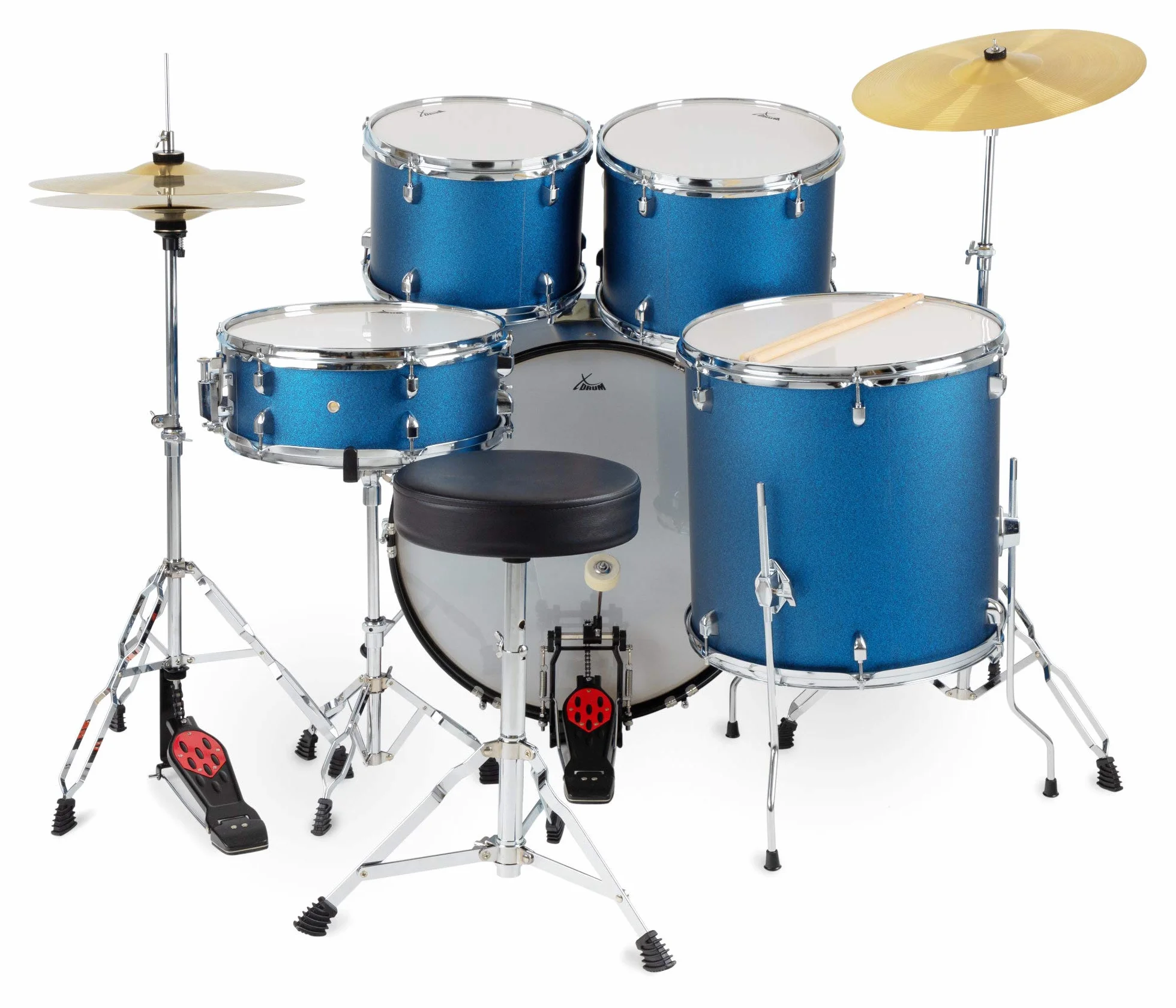 XDrum Semi 22" Standard Batería Satin Blue Sparkle - 22" BD, 12" TT, 13" TT, 16" FT, 14" SD - incl. Escuela - Azul