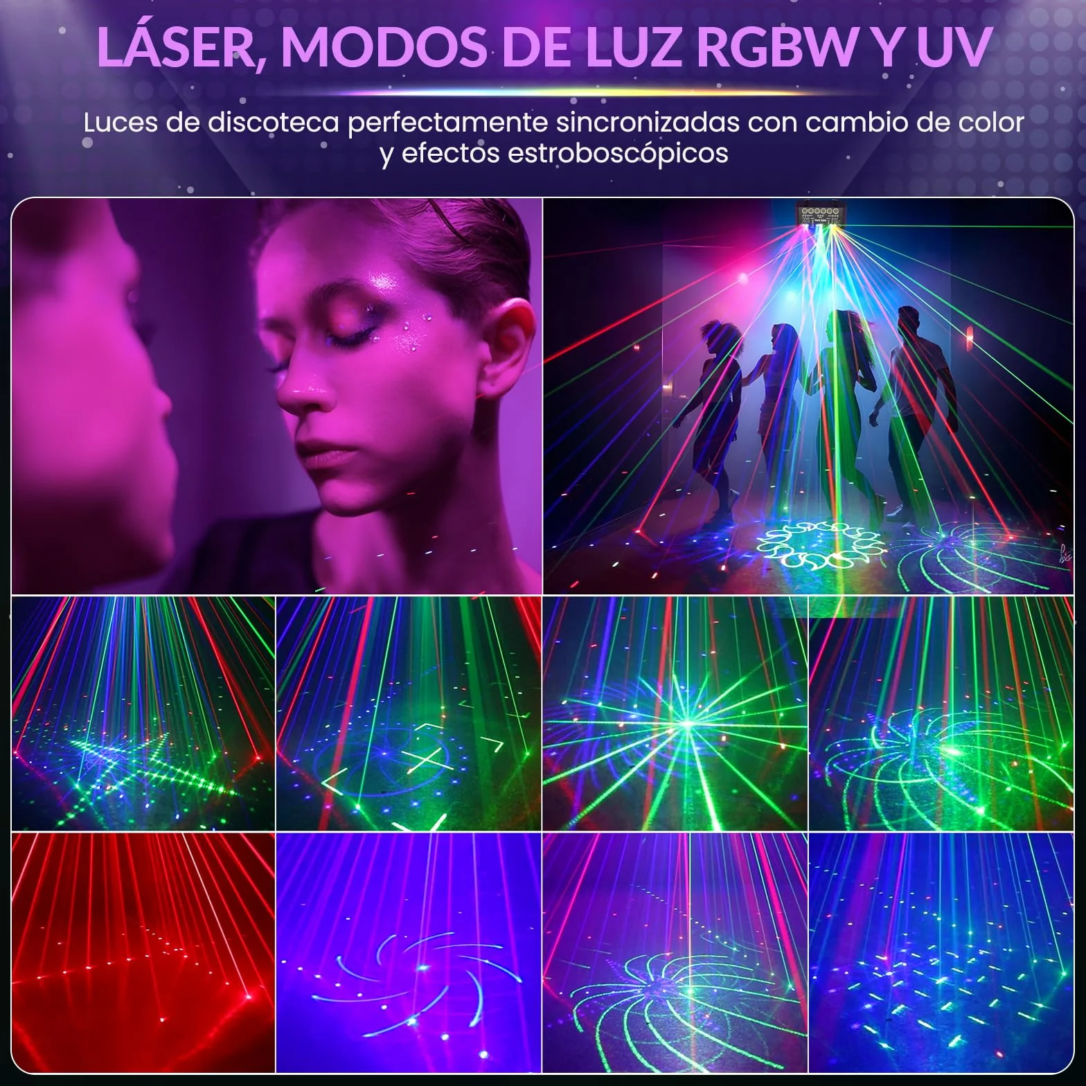 Luces discoteca RGBW & UV con 27 LED y DMX, láser discoteca 3 en 1 con 6 LEDs blancos de 2W, luz estroboscópica y UV, efectos dinámicos para DJ, fiestas y eventos