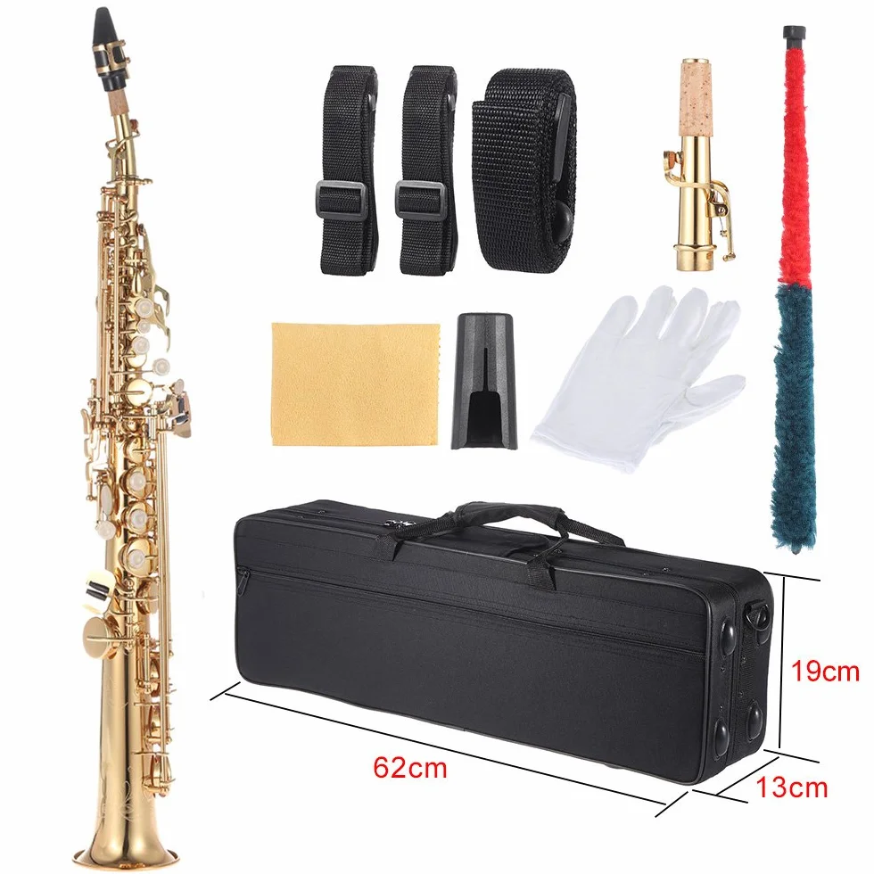 Btuty Saxofón soprano recto de latón Bb B Flat Natural Shell Key Carve Pattern con bolsa de transporte, guantes, paño de limpieza, correa, varilla de limpieza