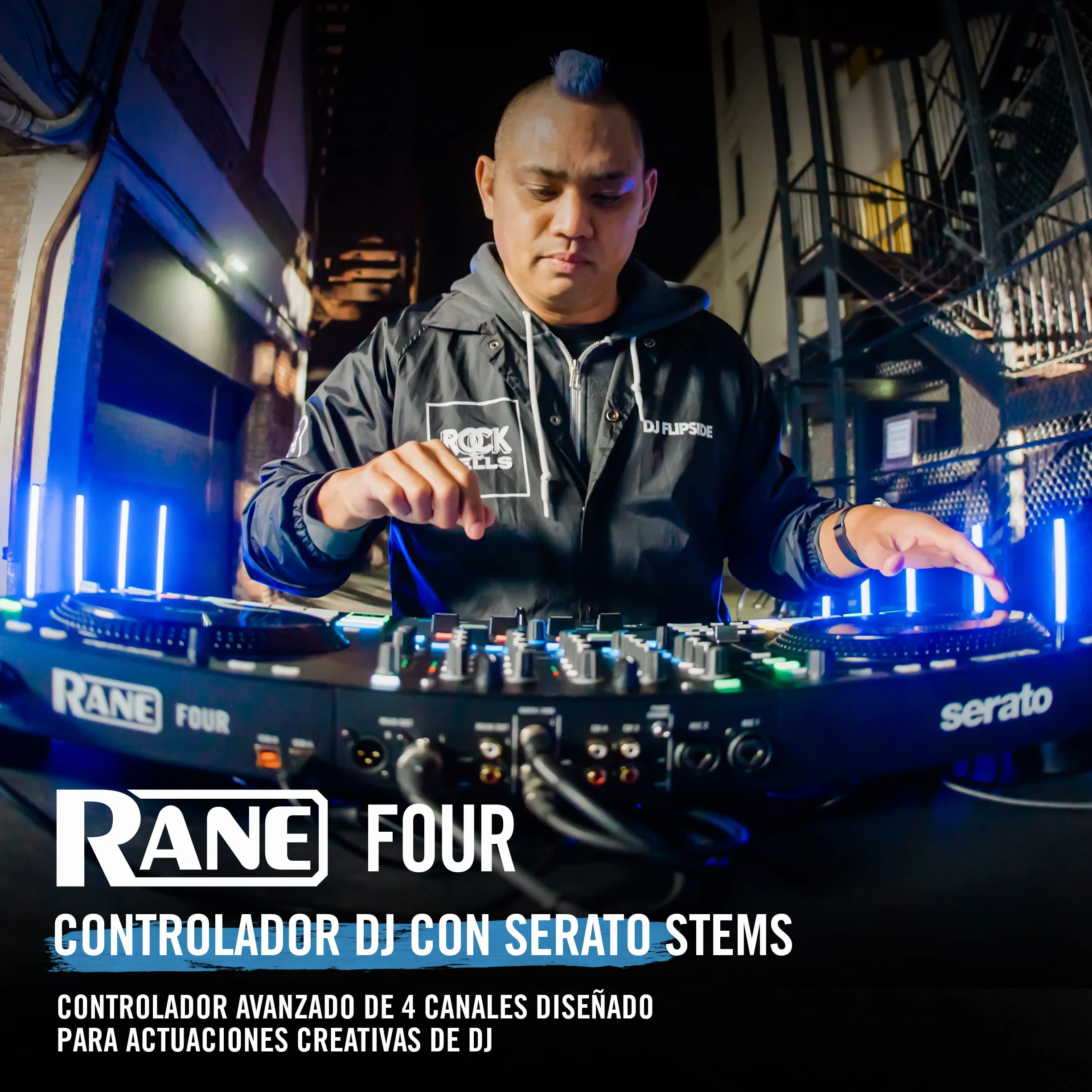 RANE FOUR Controlador DJ Stems Avanzado, 4 Canales, Jog Wheels de 8.5 Pugadas + Displays, Mezclador DJ con FX Internos, Serato DJ Pro + Pitch 'n Time DJ