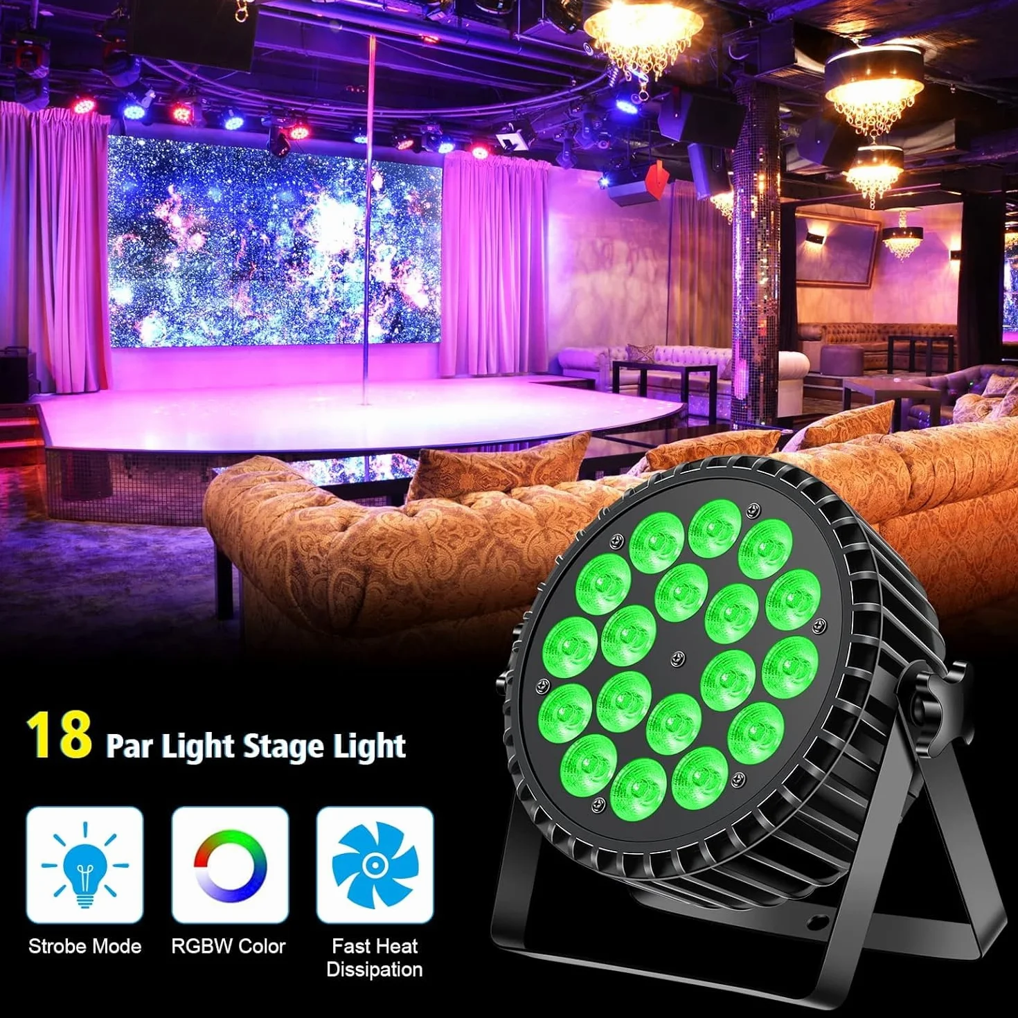 LED Par Faro 200W 18 LED Luz escenario Foco Luz discoteca fiesta, 8CH Par LED RGBW DMX Sonido estroboscópico Modo activo Iluminación DJ Efecto de luz para Show Bar KTV Fiesta Halloween 4PCS
